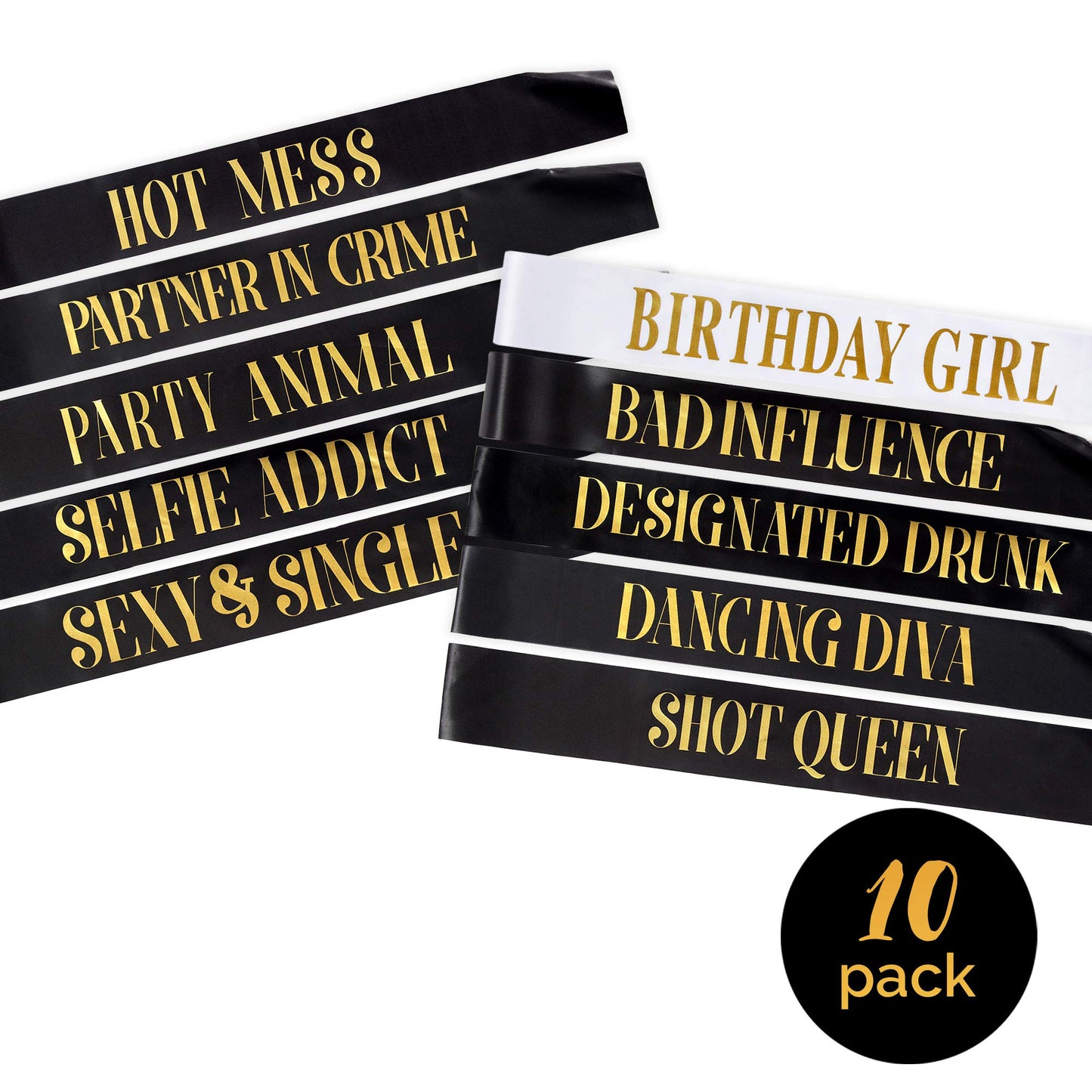 Pop Fizz Designs Birthday Sashes for Women – 10 Pack | 1 Birthday Girl Sash & 9 Funny Party Sashes for the Queen and Your Squad