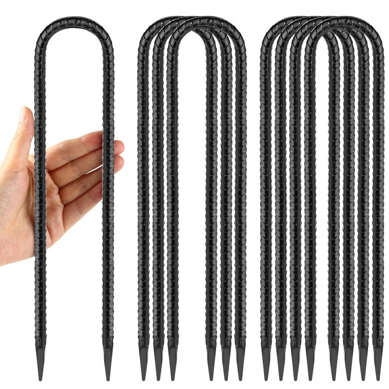 12 Inches Trampoline Wind Stakes, Heavy Duty U Stakes for Ground, 8-Pack Trampoline Tie Down Anchor Kit for Swing Set and Soccer Goal Galvanized Steel Anchors Black