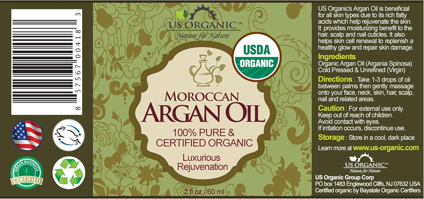 Organic Moroccan Argan Oil - 100% Pure & Natural, Cold Pressed, Unrefined | 2 Oz Amber Glass Bottle for Hair, Skin, Nail & Cuticle Care