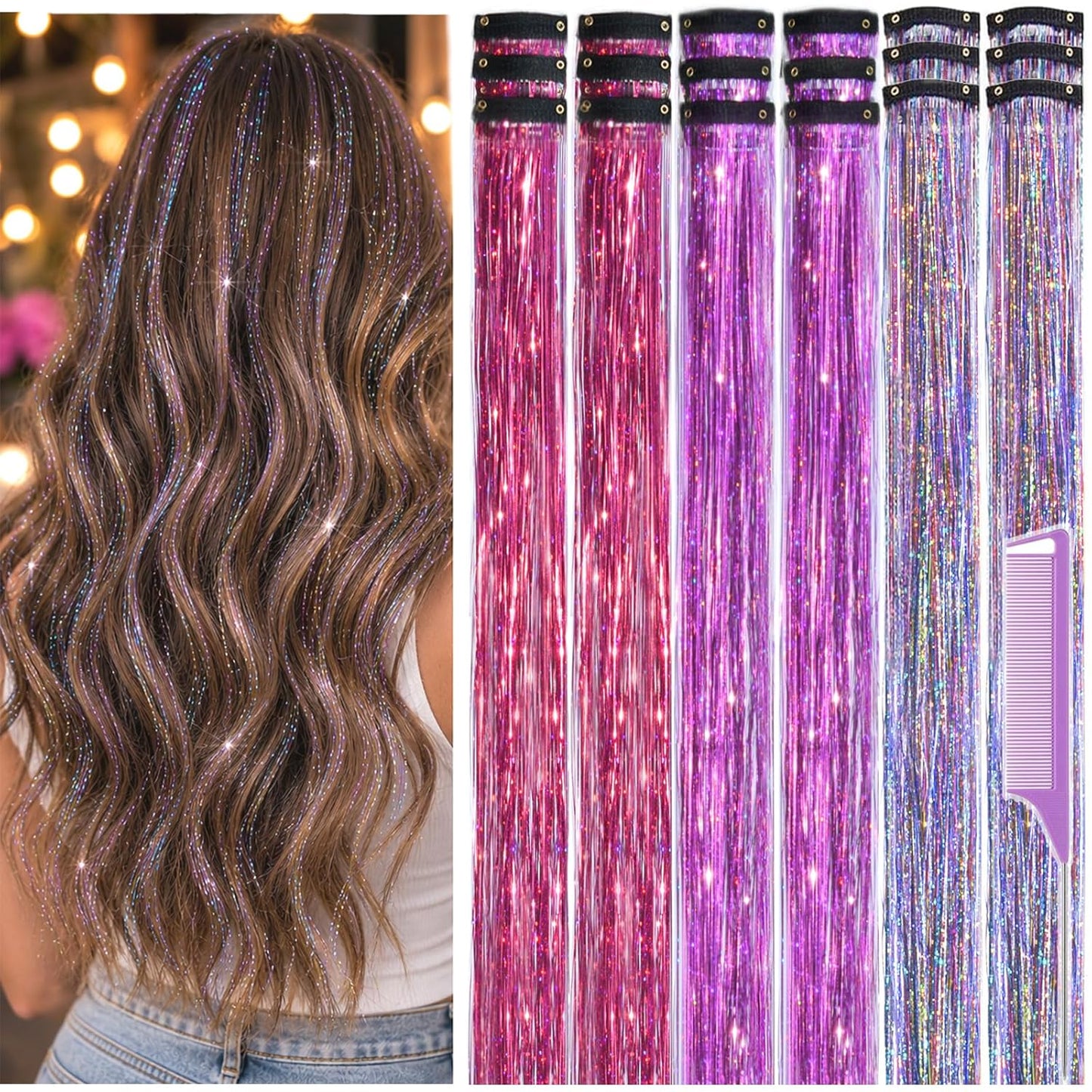 Hair Tinsel Extensions - 22 Inch Pink Glitter Clips | 18 Pcs Fairy Hair Accessories for Women & Girls