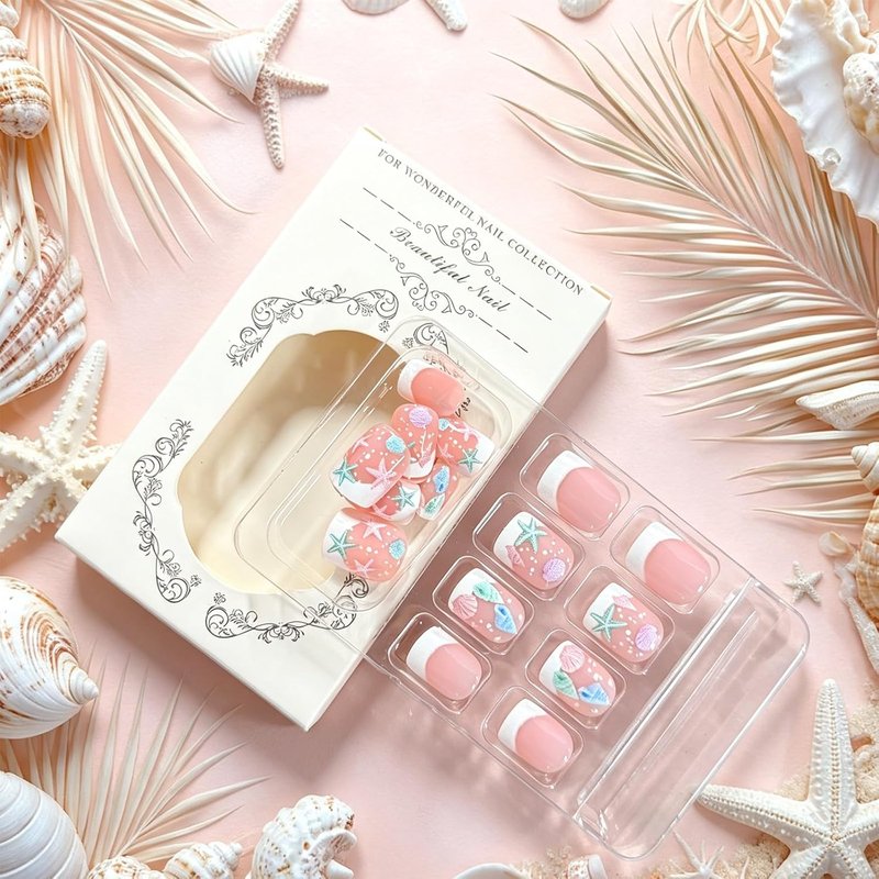 French Tip Press-On Nails - Short Square Glossy Acrylic with 3D Seashell & Starfish Designs | 24 Pcs Reusable Summer Nails