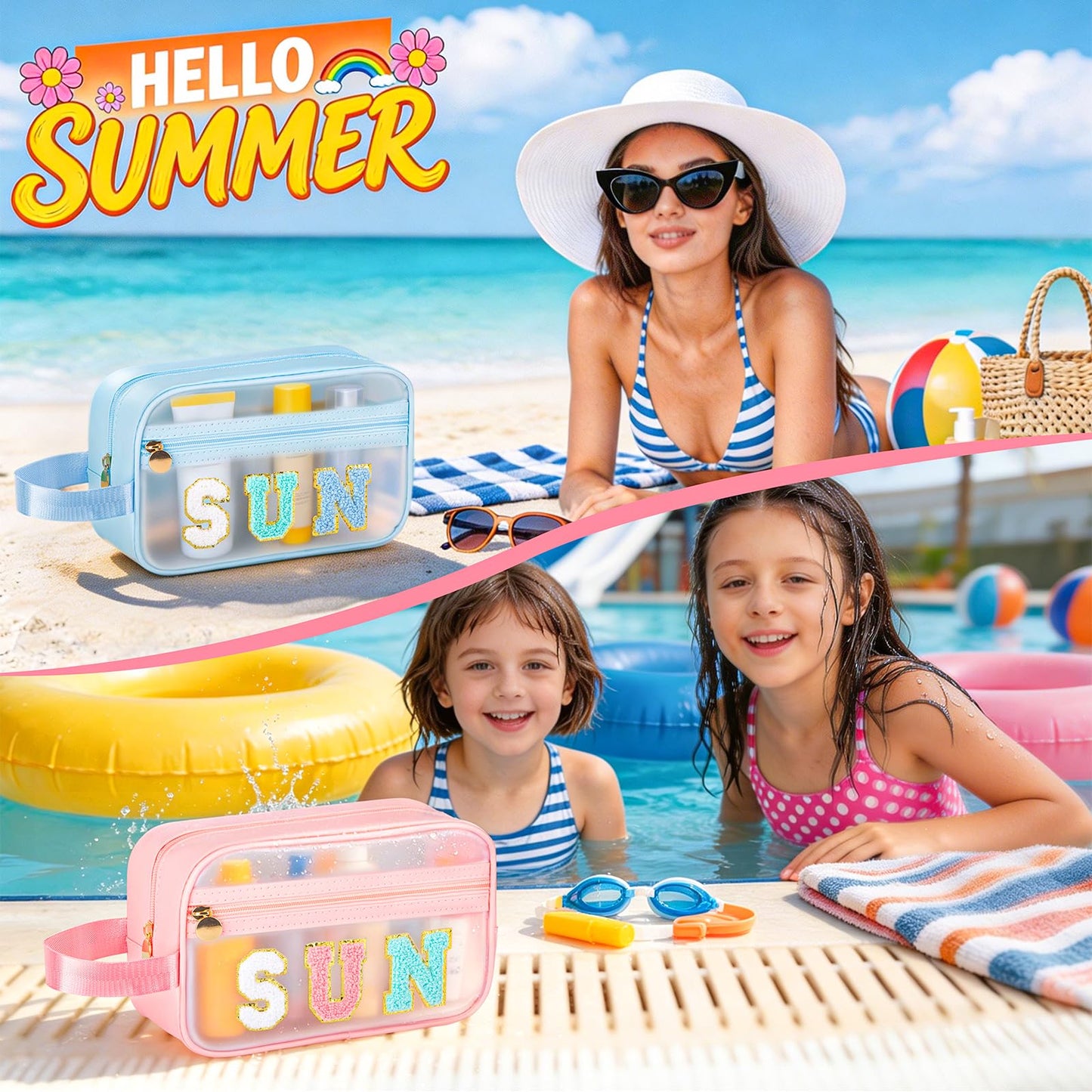 Kcjdd Clear Sunscreen Bags For Beach Pool With Handle, Waterproof Personalized Sun Bag Travel Toiletry Makeup Bag,Travel Beach Pool Summer Essentials SPF Bag For Women Girls(