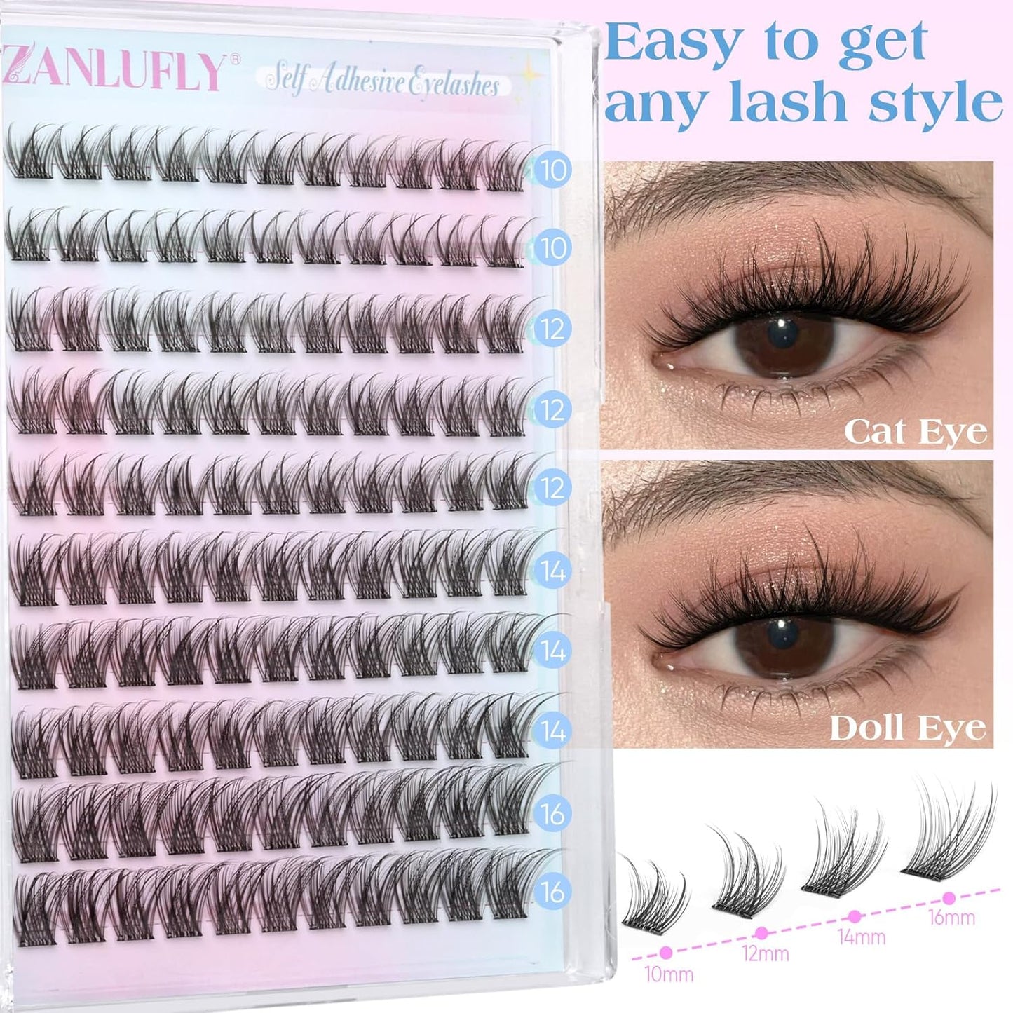 Self-Adhesive Eyelash Clusters - Natural Wispy C-Curl Pre-Glued Lashes | 10-16MM Individual Extensions
