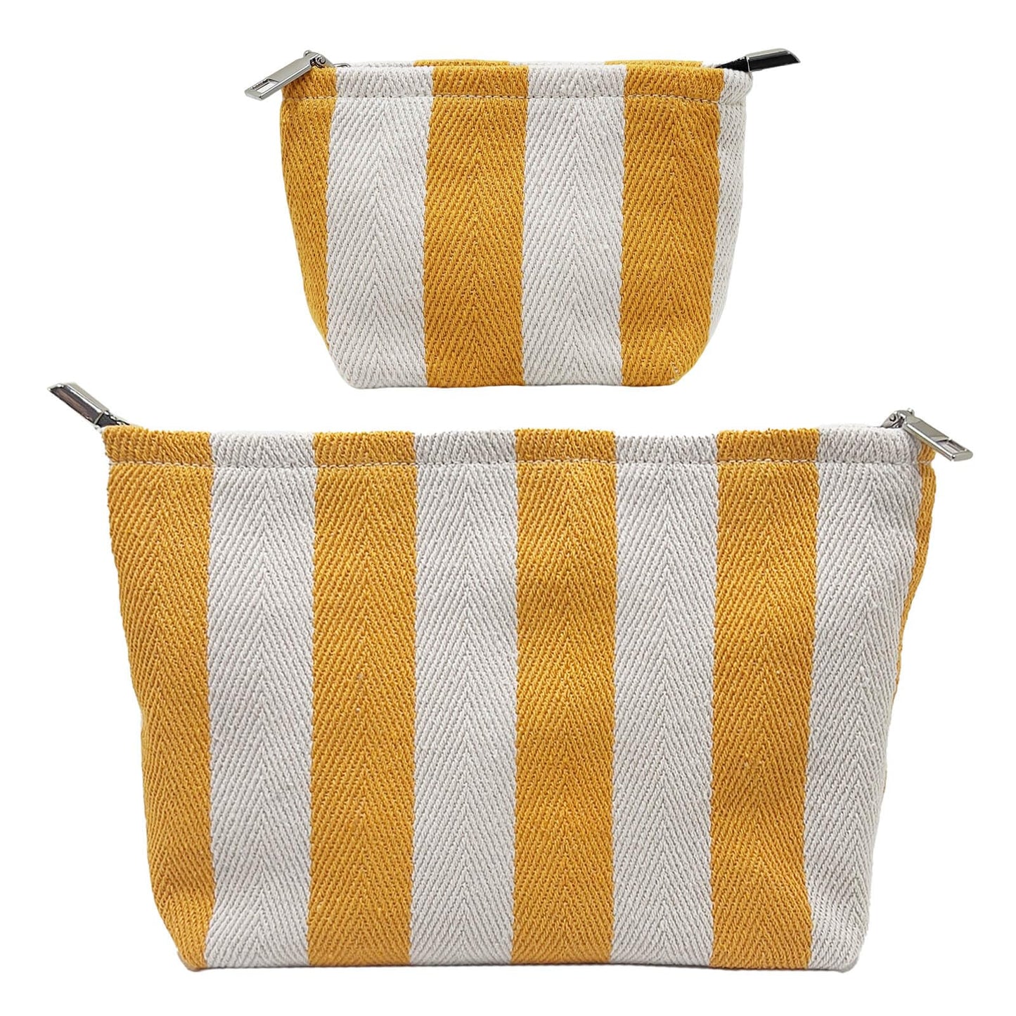 2 Pcs Makeup Bag Set, Women Gifts, Travel Cosmetic Bags, Canvas Make up Bag for Purse, Yellow Striped Makeup Pouch with Zipper Lining, Cosmetic Storage Car Organizer, Portable Large & Small Toiletry