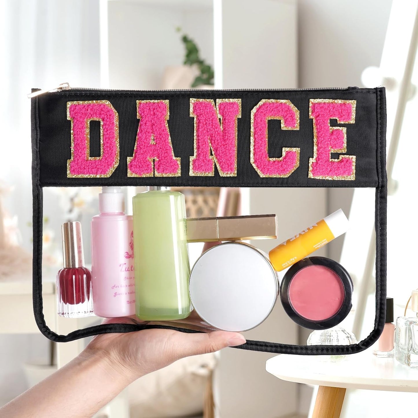 Chenille Letter Bag - Multi-Purpose Nylon Cosmetic Bag with Zipper | Travel & Gym Pouch (Black-Dance)