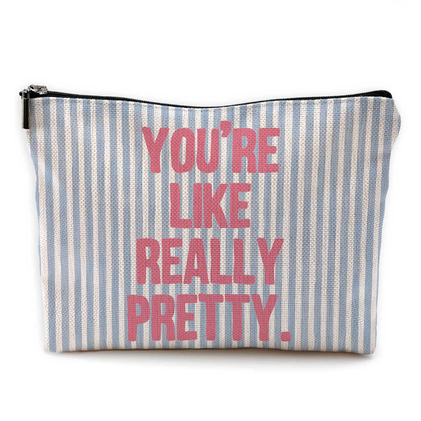 Yomisex Preppy Blue Aesthetic Makeup Bag, Trendy Girly Blue Pink Striped Cosmetic Bags Toiletry Bag for Women, Inspirational Gifts, You're Like Really Pretty Makeup Pouch