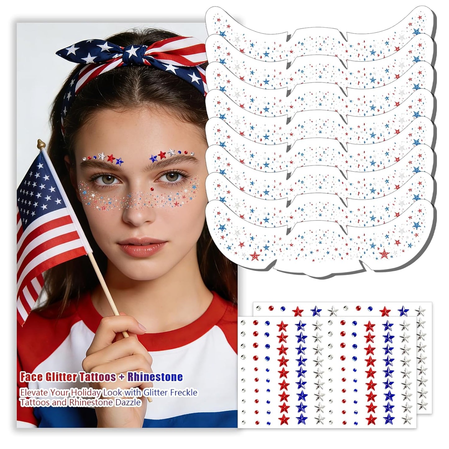 Patriotic 4th of July Face Gems - 10 Pcs Red, White & Blue Glitter Freckles for Women & Kids | USA Face Stickers