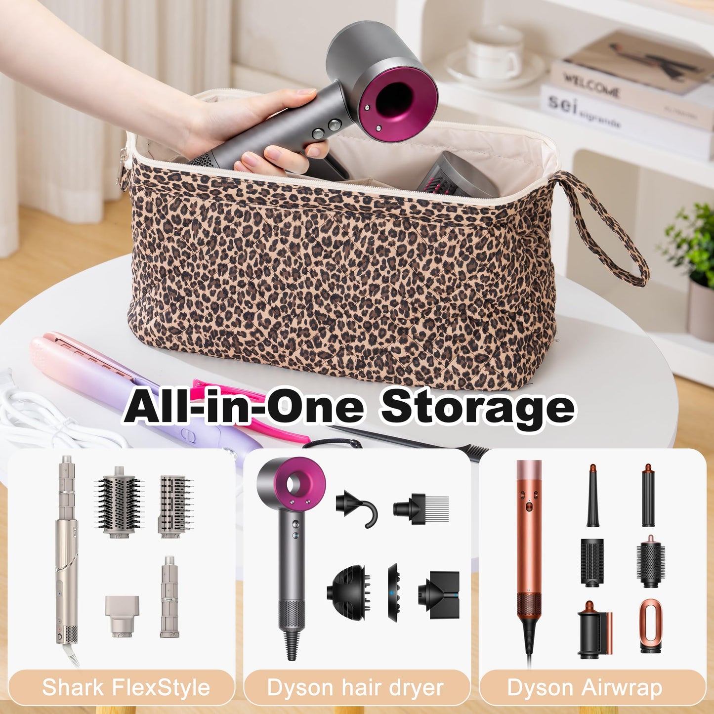 UUYUUY Hair Tools Travel Bag with Divider, Hair Tool Organizer Case for Dyson Airwrap & Shark FlexStyle, Large Capacity Storage Bag for Hair Dryer Curling Iron & Styling Accessories, Leopard