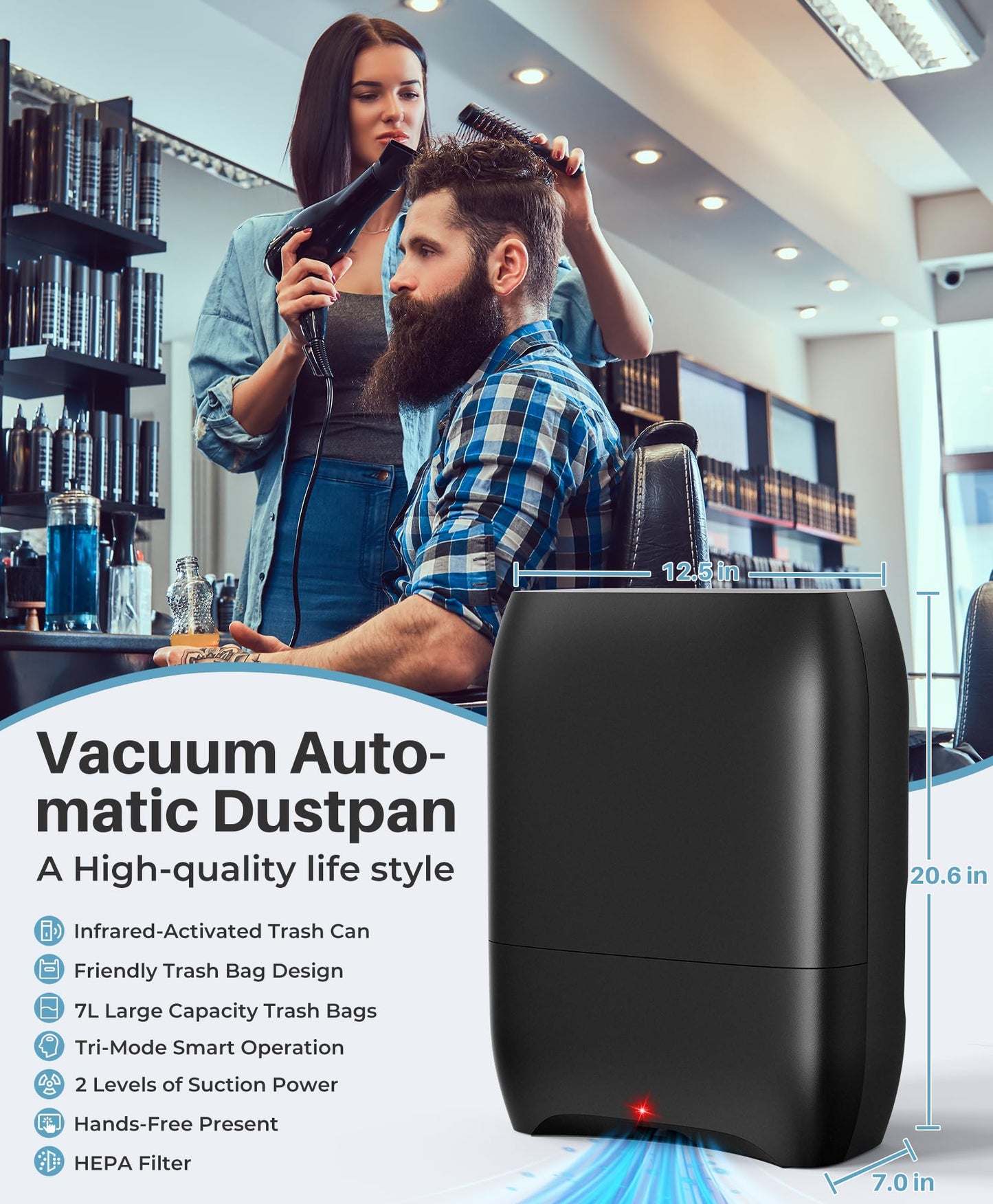 LyriFine Touchless Vacuum Automatic Dustpan, 6-Pack Dustbags Automatic Dustpan with Nozzle Attachment, Auto Sensors Hair Vacuum for Salons, 2 Cleaning Modes Electric Dustpan for Floors Pet Hair Food