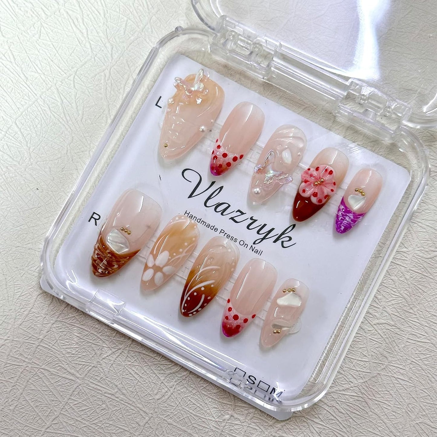 Brown French Tip Press On Nails - 3D Metallic Rhinestones | Medium Almond Reusable Acrylic False Nails (10 PCS)