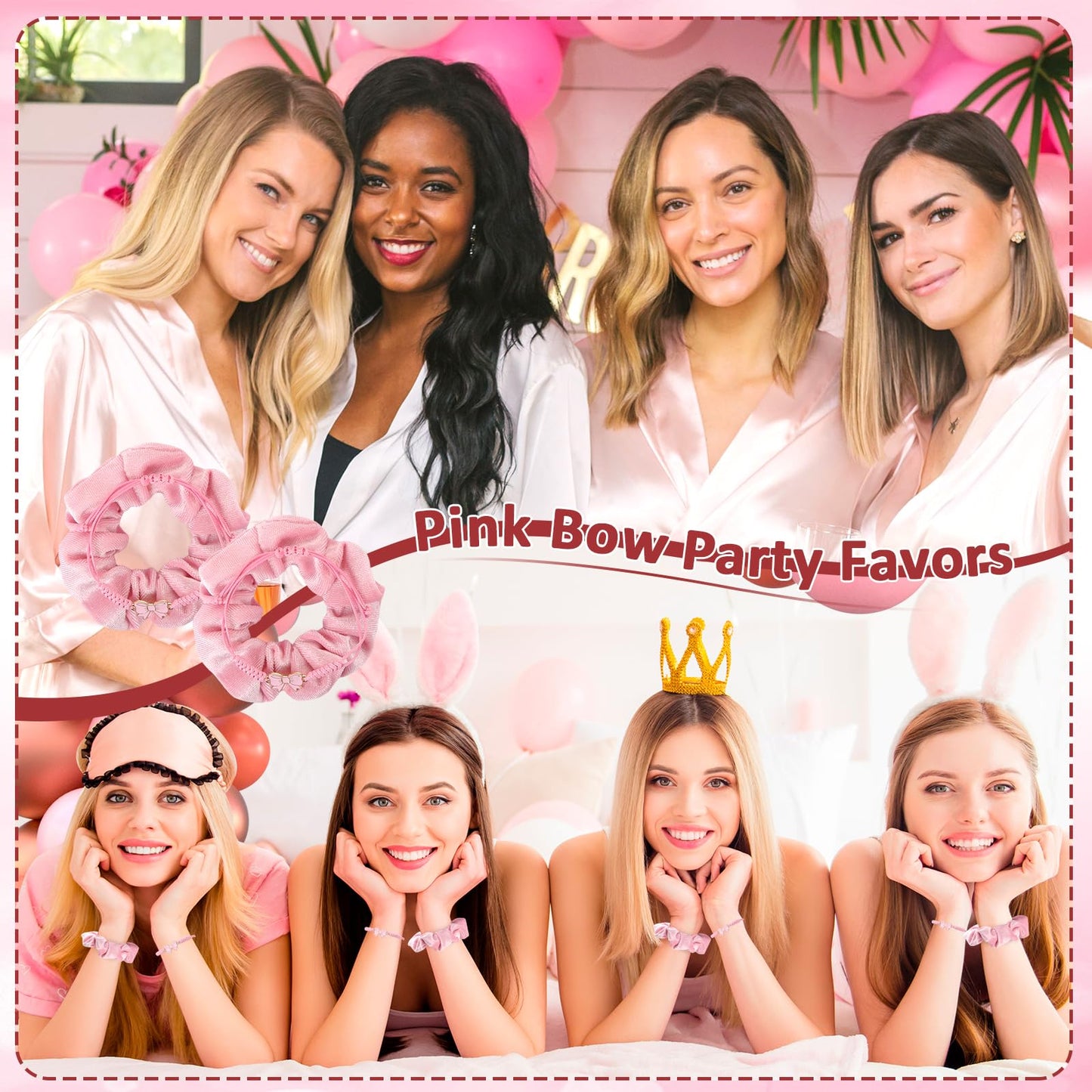 BRIOYHA Coquette Party Favors Set,12 Pink Hair Scrunchies with 12 Bow Bracelets, 24Pcs Pink Coquette Accessories for Girls Birthdays, Sleepovers, Bachelorette & Cheerleading Teams