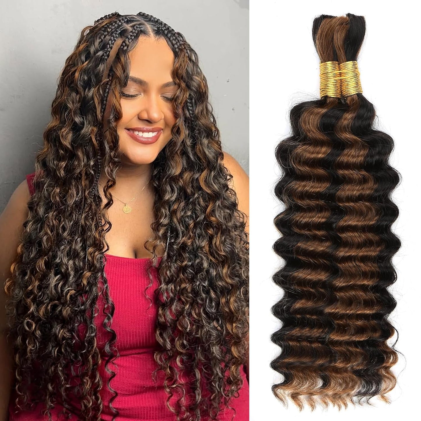 Human Braiding Hair - 14 Inch Ombre Highlight Deep Wave Bulk Extensions | Curly Bundles for Knotless Braids (4/27)