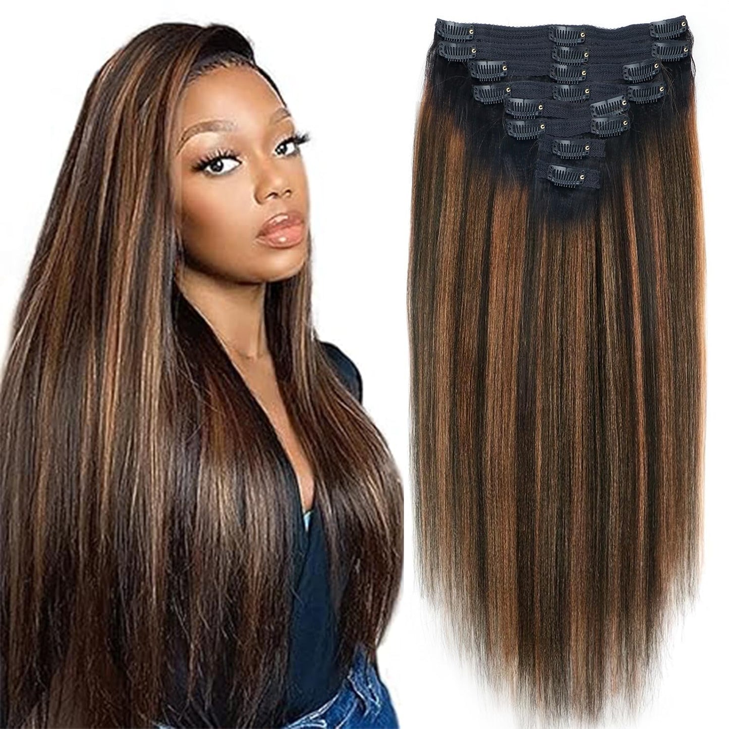 Mihugass Yaki Straight Clip ins Real Human Hair Extensions For Women Highlight Hair Extensions Yaki Straight Clip in Hair Extensions(22inch,T1BP1B/30)