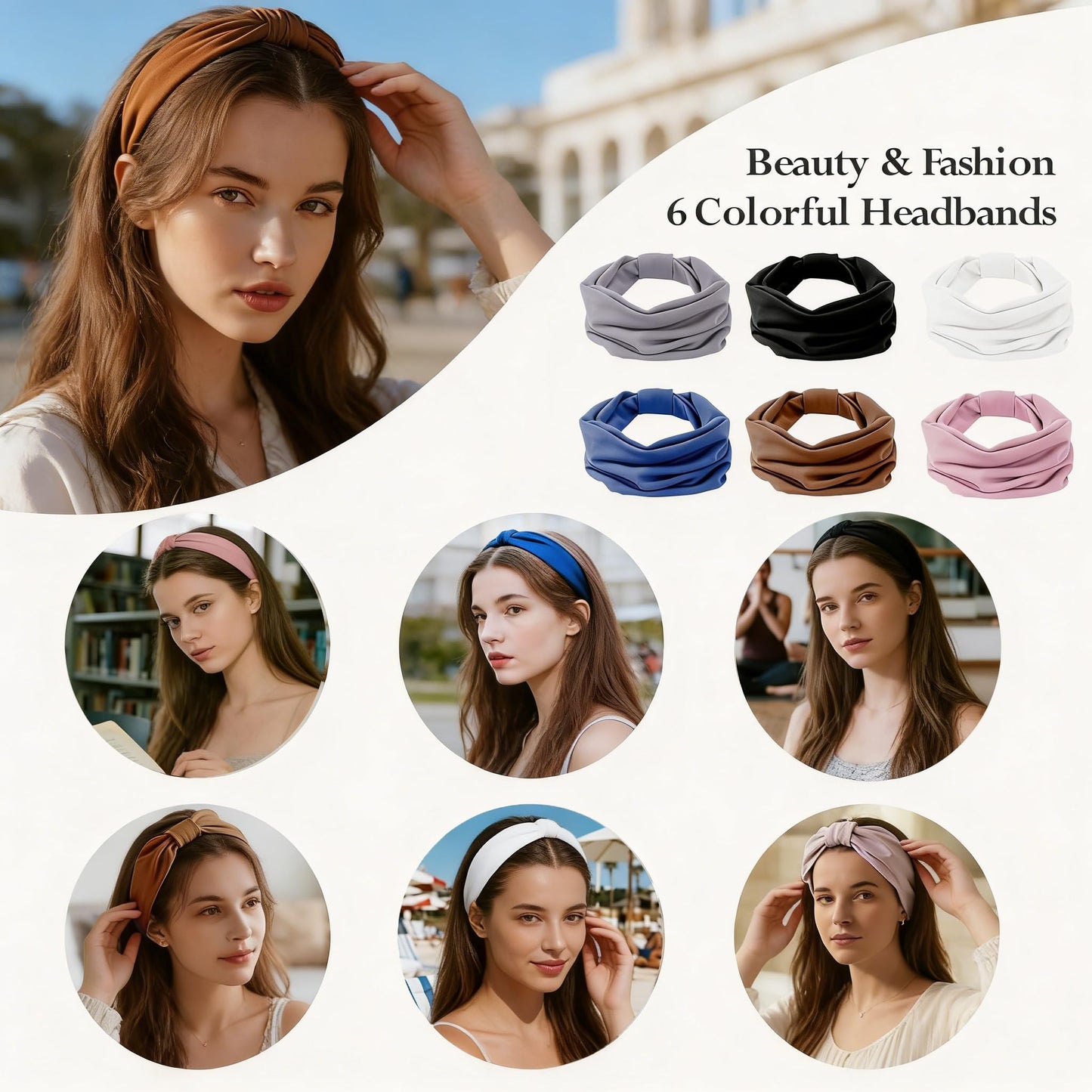 Cupeou 6PCS Headbands for Women, Wide Elastic Head Bands, Sports Stretchy Sweat Bands, Non-Slip Hair Bands, Large Knotted Soft Headband for Washing Face, Spa, Makeup, Running, Workout