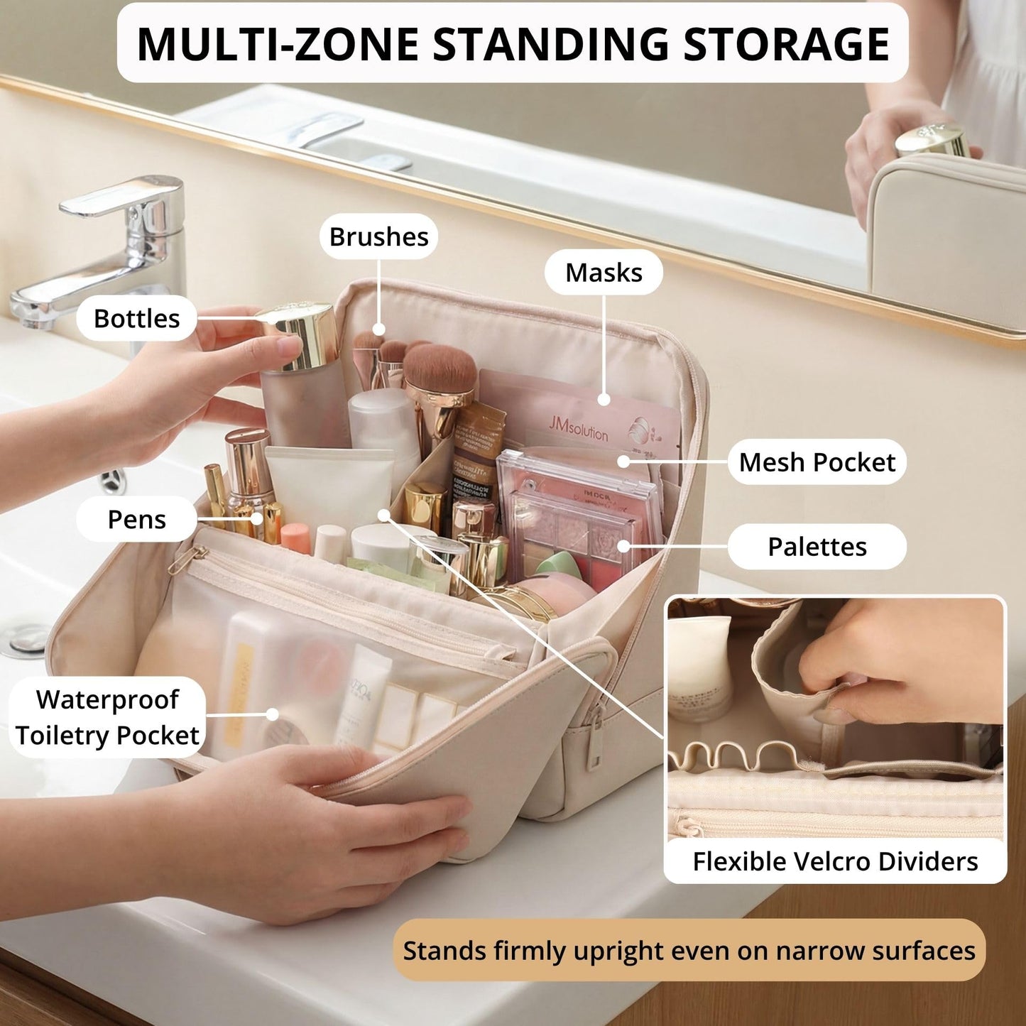 tianzong Travel Makeup Bag with Magnetic Fold-Down Flap, Waterproof Leather Cosmetic and Toiletry Organizer for Women, Multi-Zone Standing Storage, Cream, Large