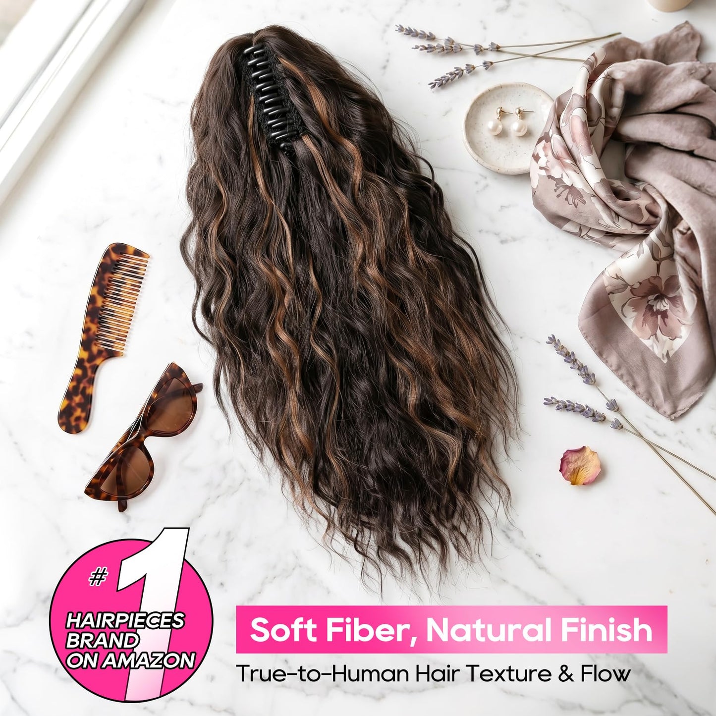 REECHO Ponytail Extension, 18 Inch Curly Claw Pony Tails Hair Extensions Clip in Ponytail Hair Extensions Natural Synthetic Hairpiece for Women Everyday Wear, Chocolate Brown with Highlights