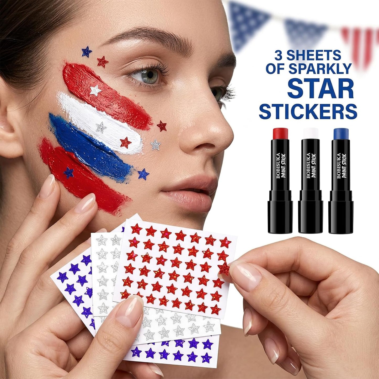 Face Paint Stick Set - Red, White & Blue Cream Makeup for Kids & Adults | 3 Glitter Star Stickers for 4th of July Events