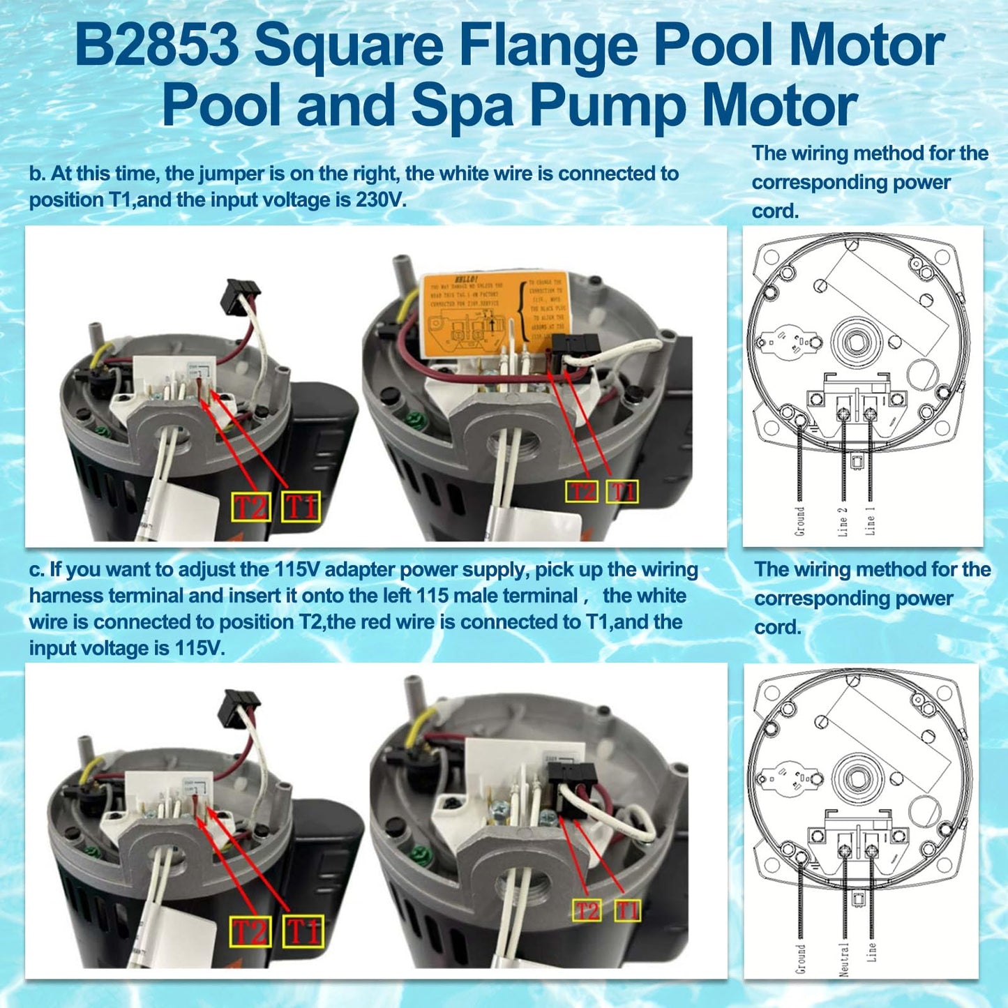 B2853 Pool Pump Motor Replacement for B2853 B2853V1 Motor 56Y Frame Swimming Pool Pump 1 Horsepower,3450 RPM,6.5/13.0 Amps