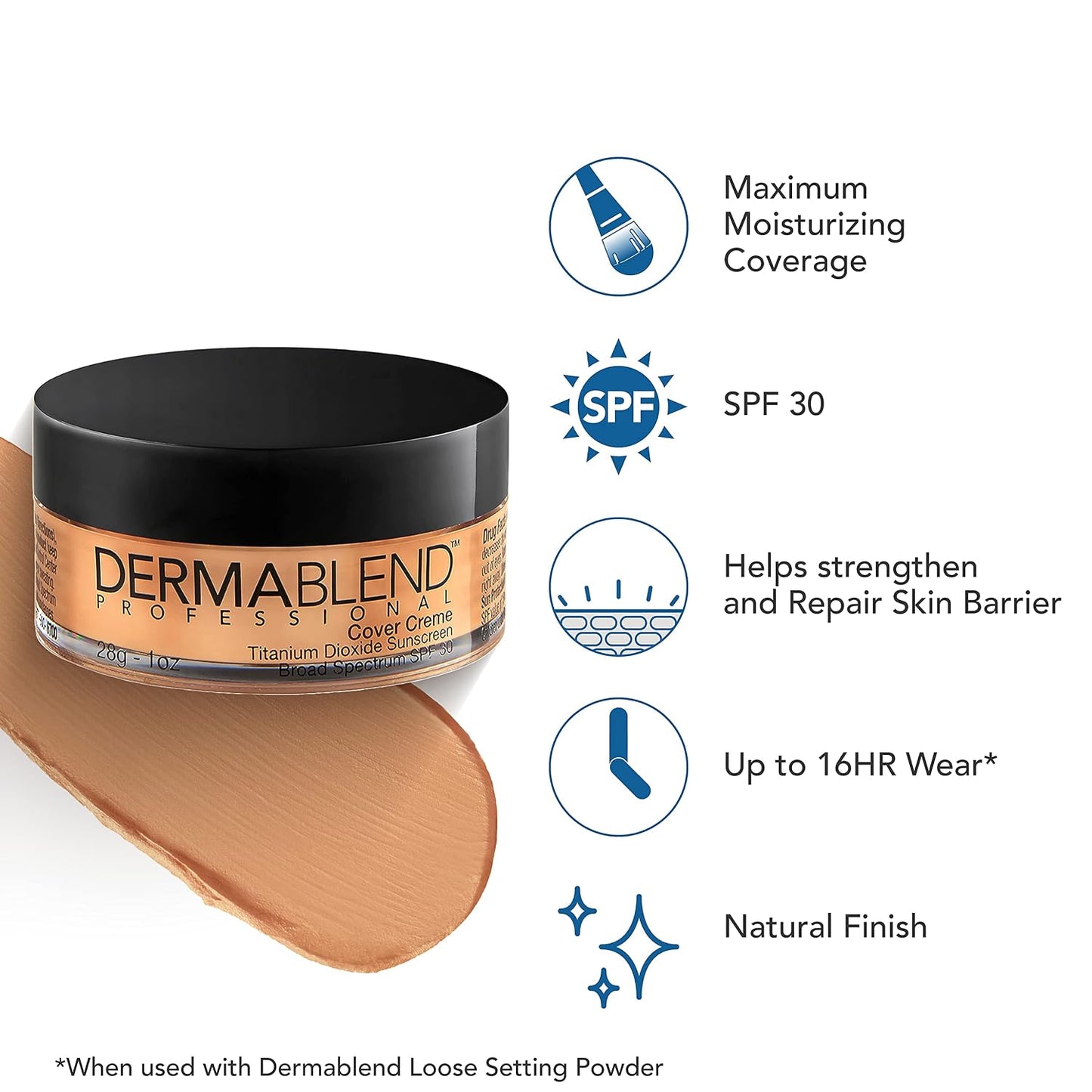 Dermablend Cover Crème - Full Coverage Foundation Makeup | Hydrating Cream Concealer for Dark Circles & Blemishes, SPF 30, 1 Oz