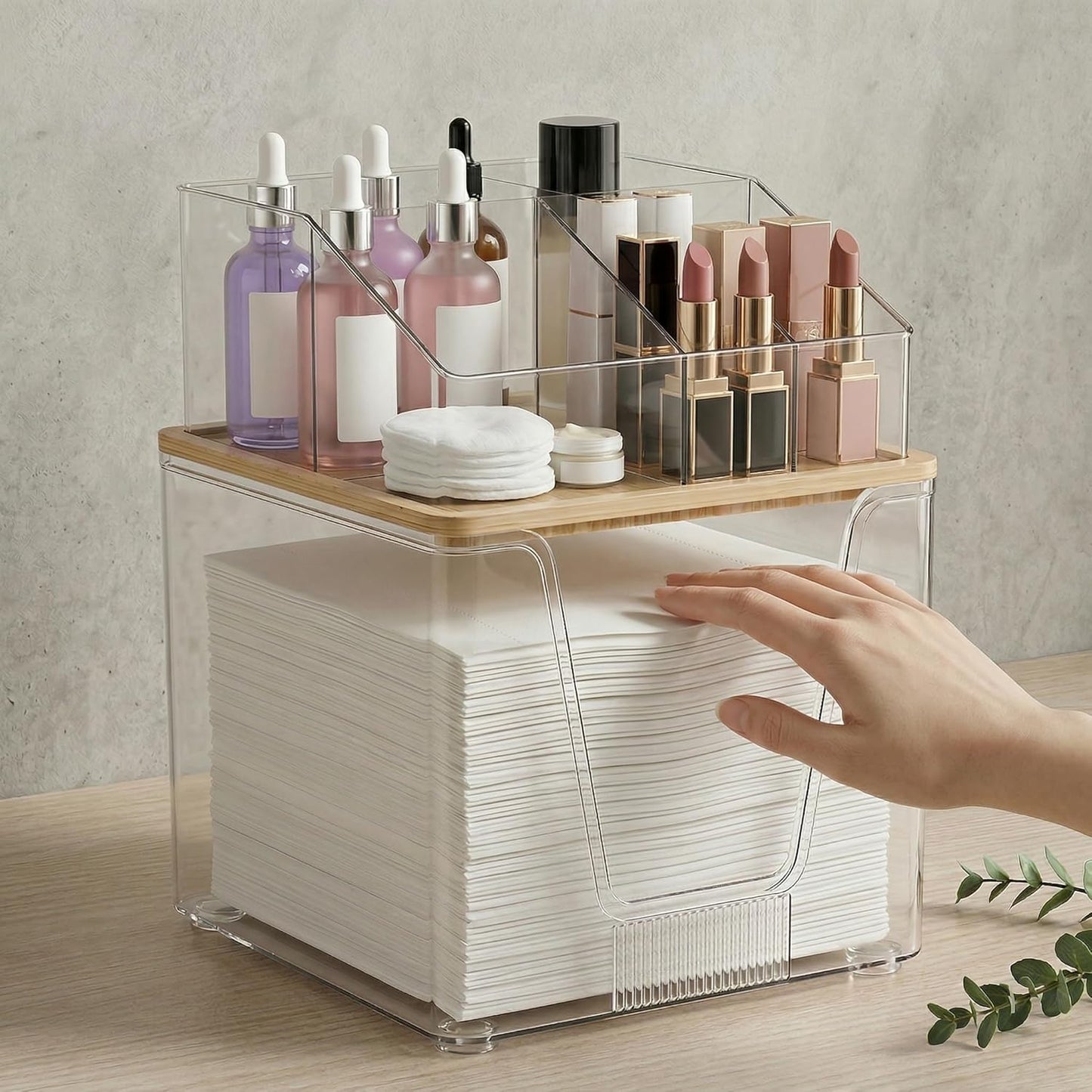 Disposable Facial Towels Holder - Bamboo Lid & Clear Acrylic Organizer | Stackable Vanity Storage for Clean Skin Club Towel XL