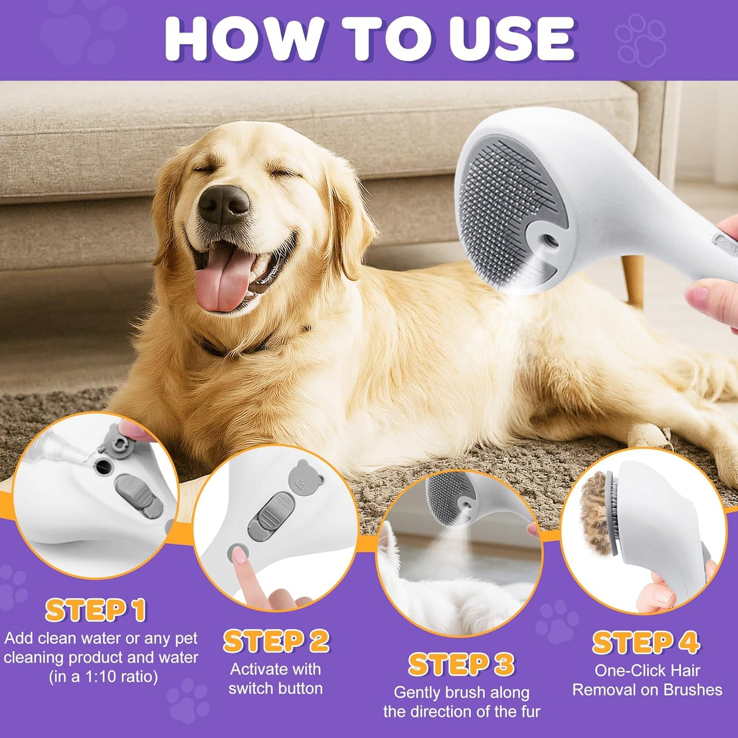 Pet Grooming Spray Brush - Self-Cleaning Cat Hair Removal Tool | Ergonomic Grip for Short & Long Haired Pets