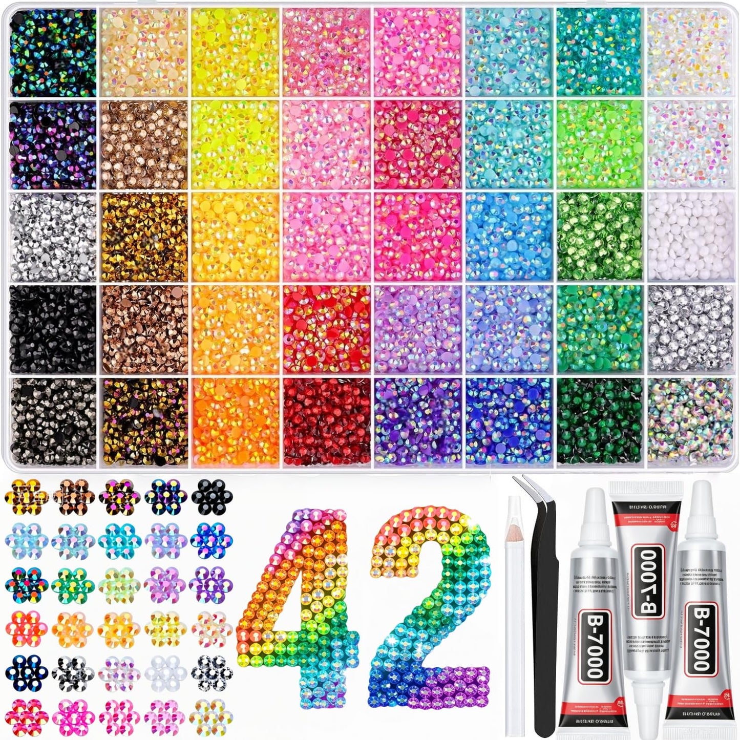 42000Pcs Bedazzling Kit with Rhinestones, 42 Colors 3mm Resin Jelly Flatback Gems, Bedazzling Gems with 3Pcs B7000 Jewelry Glue & Tools, Bedazzler Kit for DIY Arts & Crafts Gifts