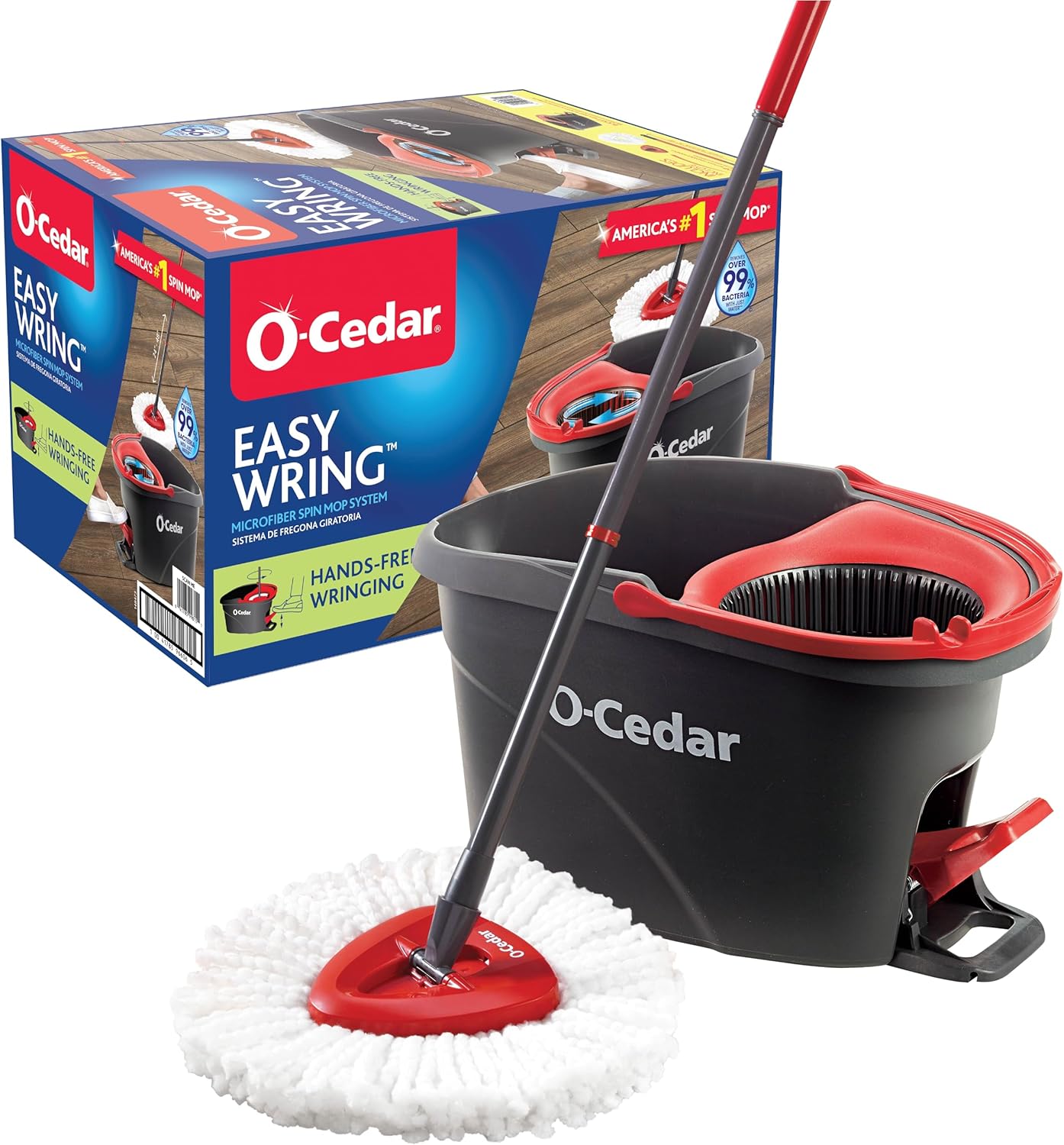 O-Cedar Microfiber Spin Mop System - EasyWring Floor Cleaning Bucket | Red & Gray Standard Size