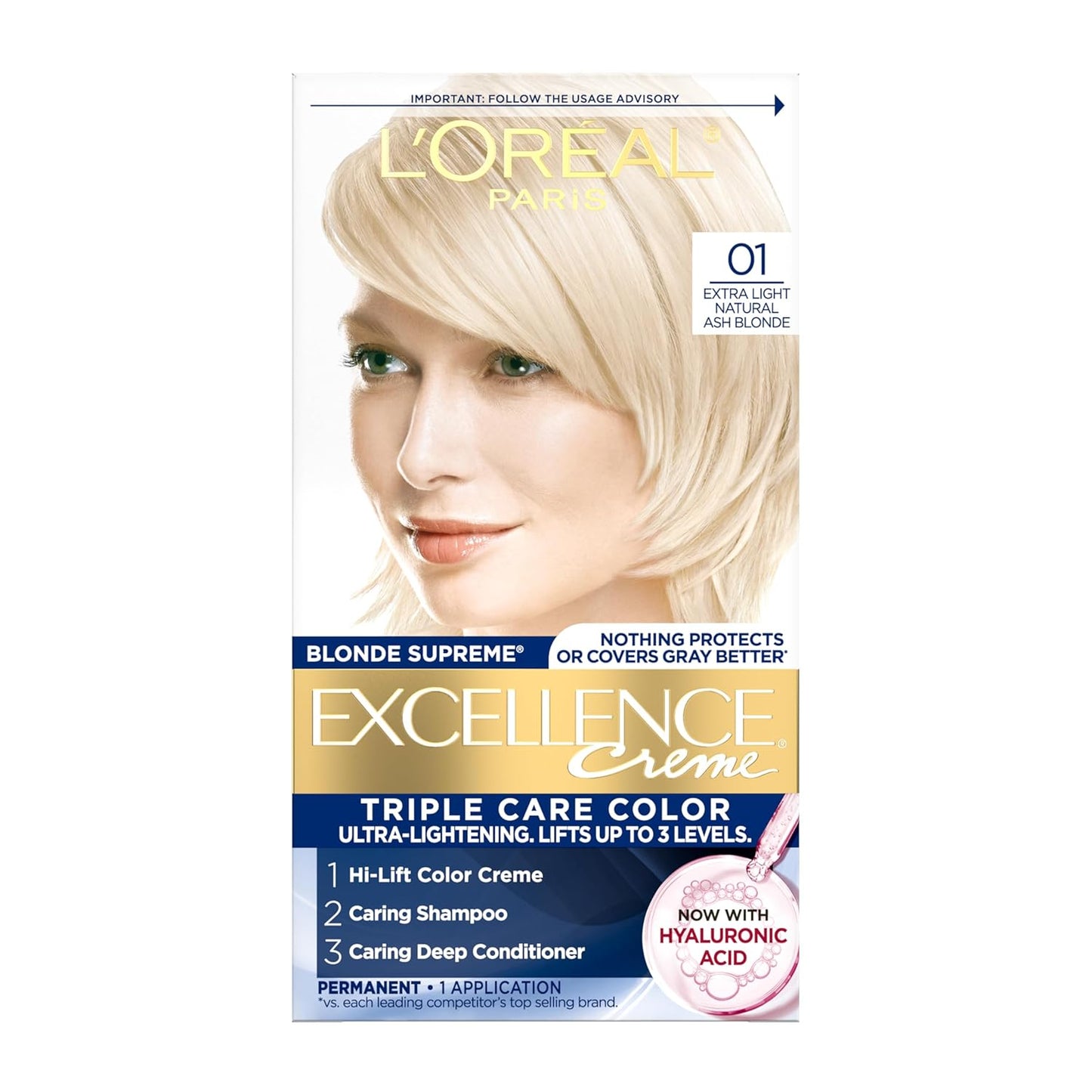 L'Oreal Paris Hair Dye - Excellence Crème for 100% Gray Coverage | Extra Light Natural Ash Blonde, 1 Kit