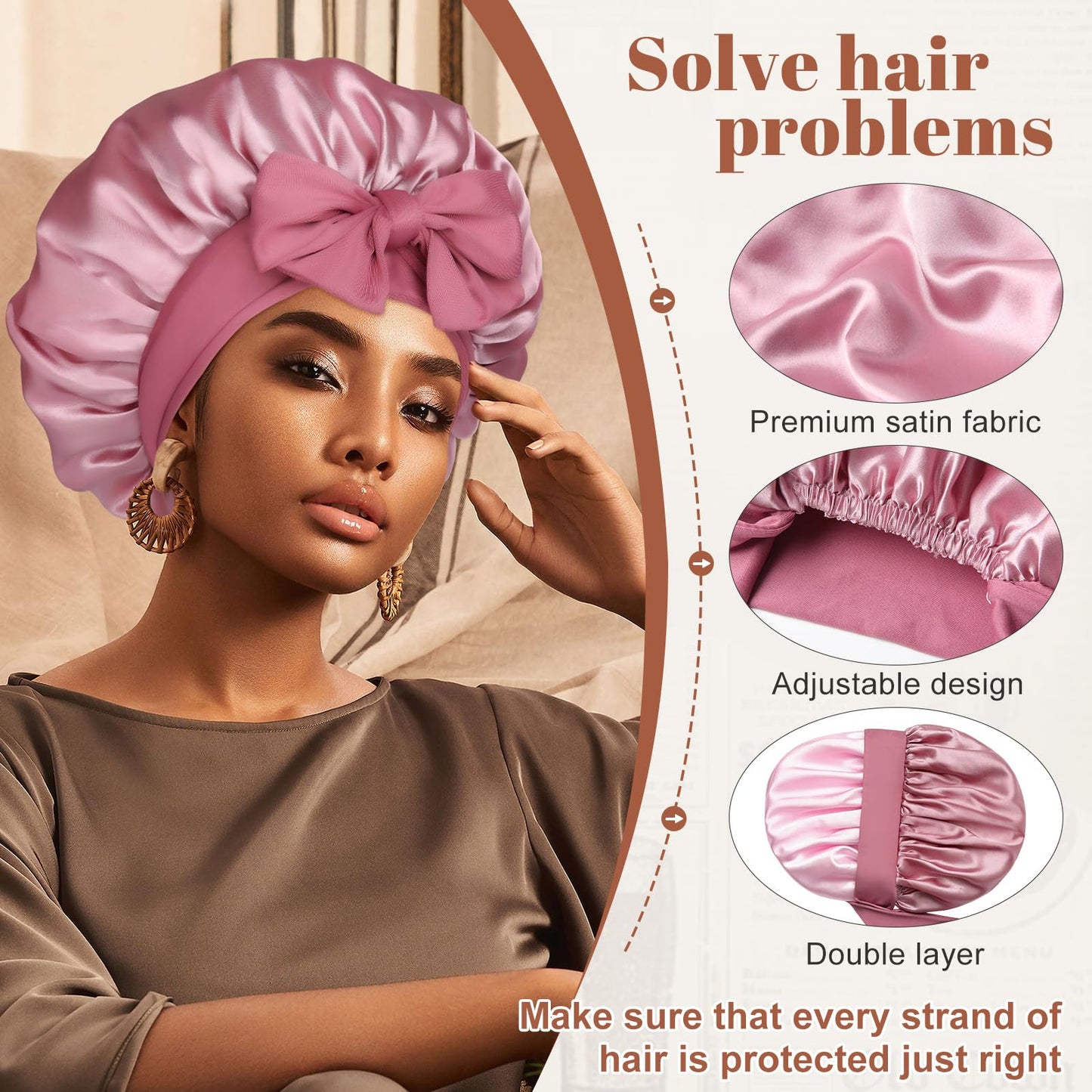 Satin Bonnet for Sleeping Cap Double Layer Hair Bonnet with Elastic Tie Band for Curly Hair Night Cap (Bean Paste + Pink)