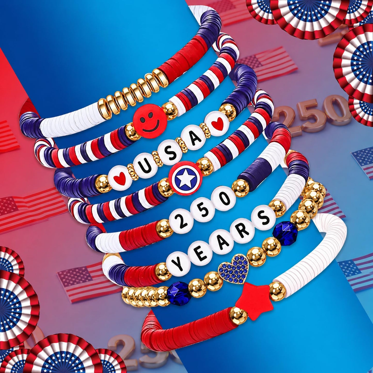 Go Ho 8 Pack 250 Anniversary USA Bracelets,4th of July Outfits Shirts Accessories for Women,Patriotic Red White and Blue Stackable Bracelets Set with USA,250 YEARS,Star&Smile Charms