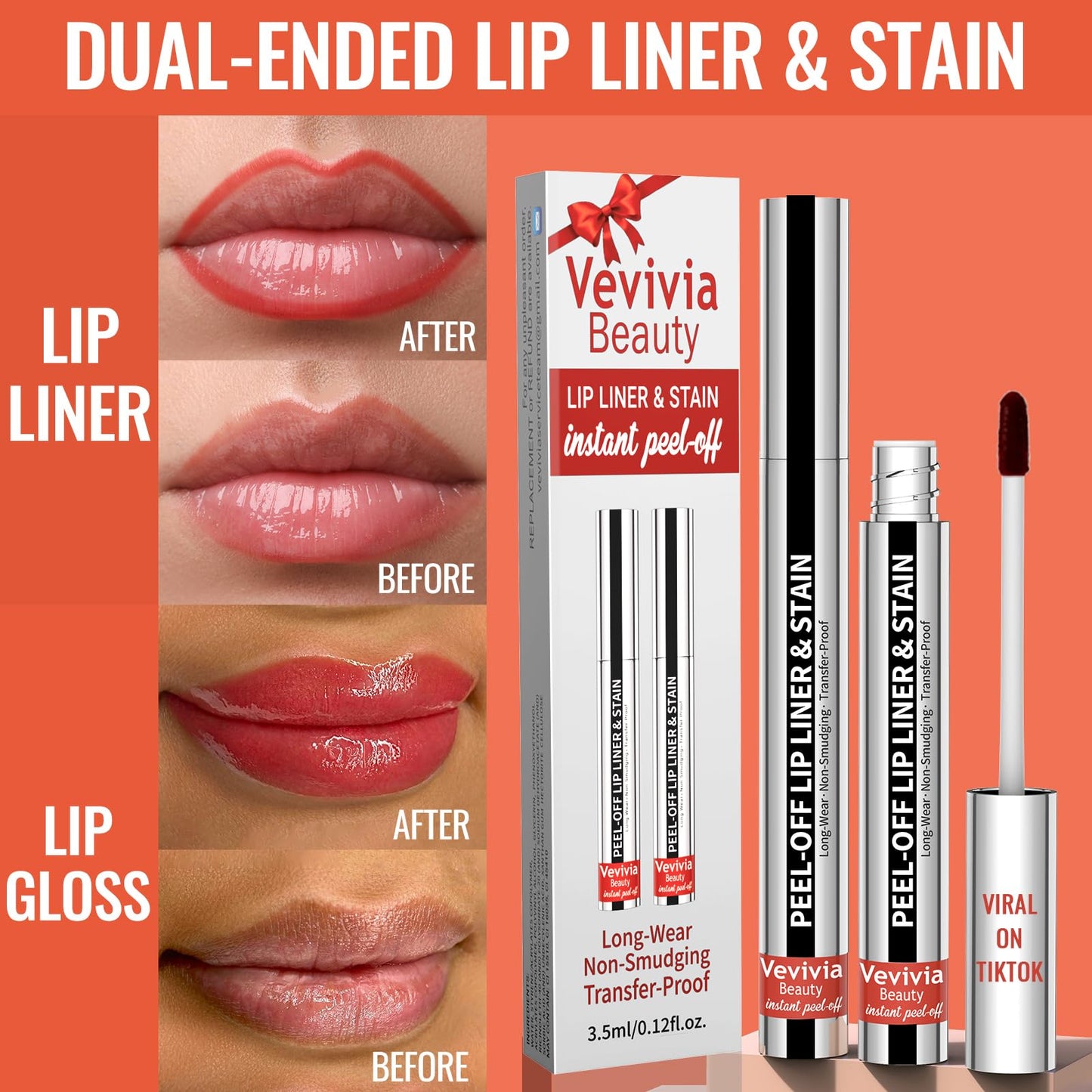 Vevivia Beauty 2pcs Lip liner Stain Peel Off,Lip Stain Waterproof Long Lasting,2-in-1 Lip Liner with Tweezer,Non-Fading Peel Off Lip Color,Stay On All Day,Perfect for Gift,Highly Pigmented Color