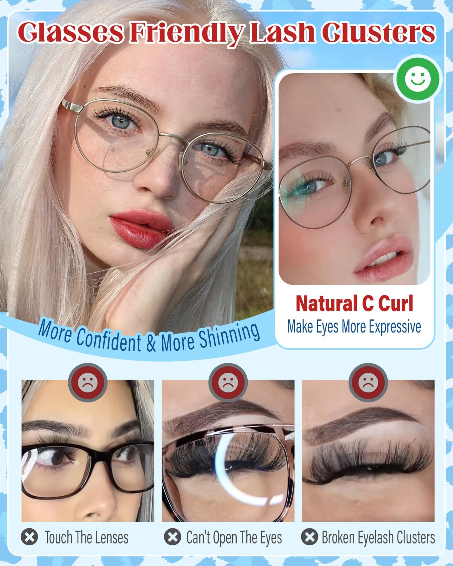 Natural Lash Clusters For “NO MAKEUP” Clean Girl Look Short C Curly Glasses Friendly Eyelash Clusters 8-10-12-14MM Anime Cluster Lashes Fairy Cluster Eyelash Extensions 168Pcs by Zegaine