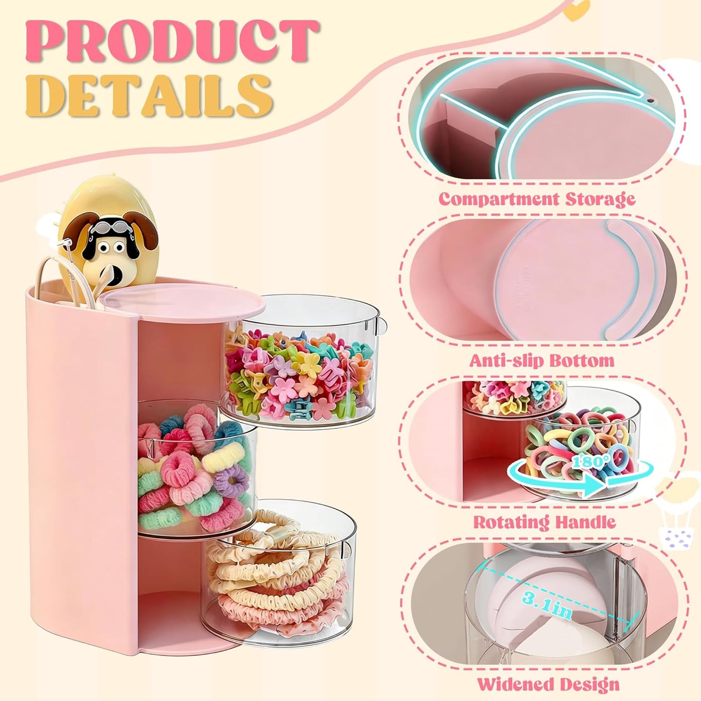 Hair Accessories Organizer - Rotatable Makeup Brush Holder for Necklaces, Earrings, Bracelets | Pink, 3-Layer