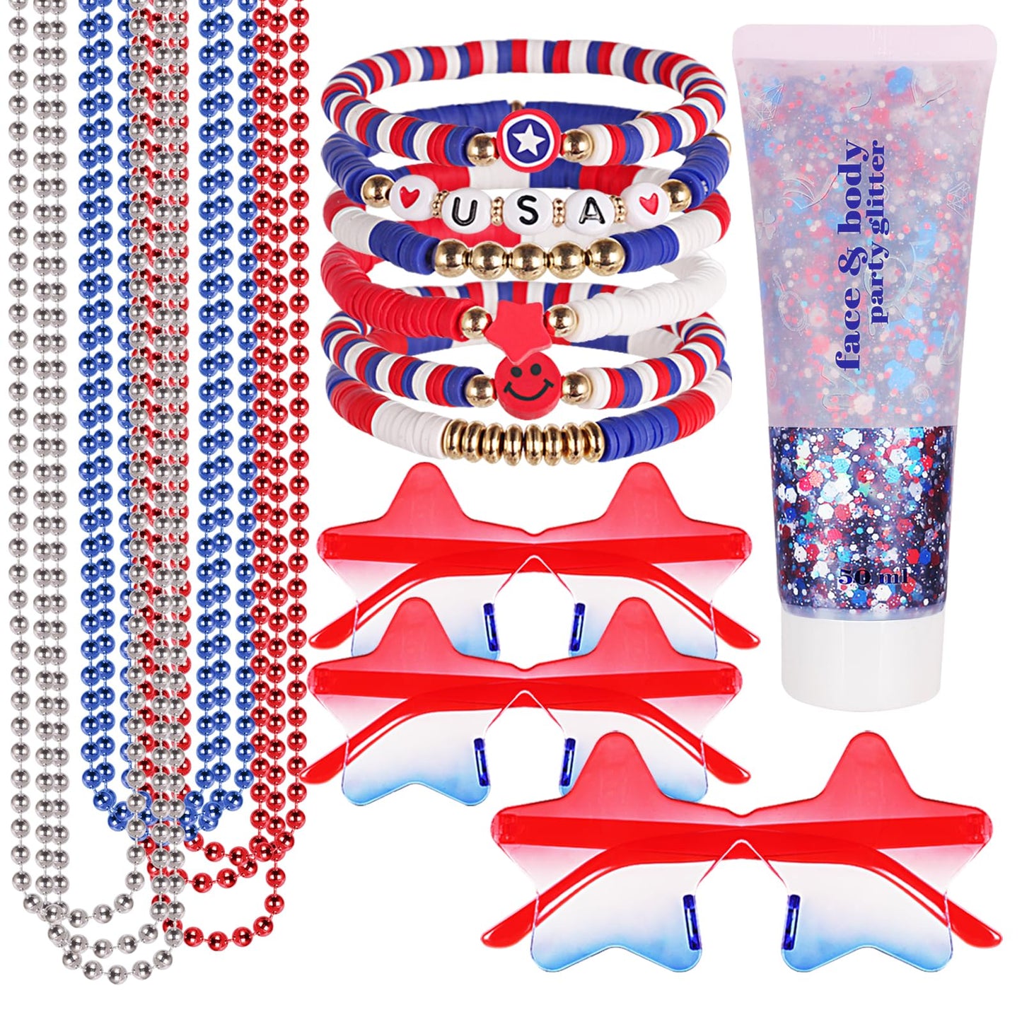 Go Ho 4th of July Outfits for Women,6PCS Beaded Stackable Stretch Bracelets,Red White and Blue Face Body Glitter,9PC Necklaces,3PC Star Glasses, Fourth of July Decorations Favors Accessories Set