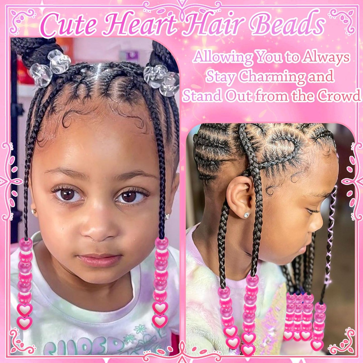 NAISKA 60PCS Hot Pink Heart Beads for Hair Round Beads for Braids Love Loc Dreadlock Jewelry Cute Kids Girls Valentine's Day Hair Braids Accessories