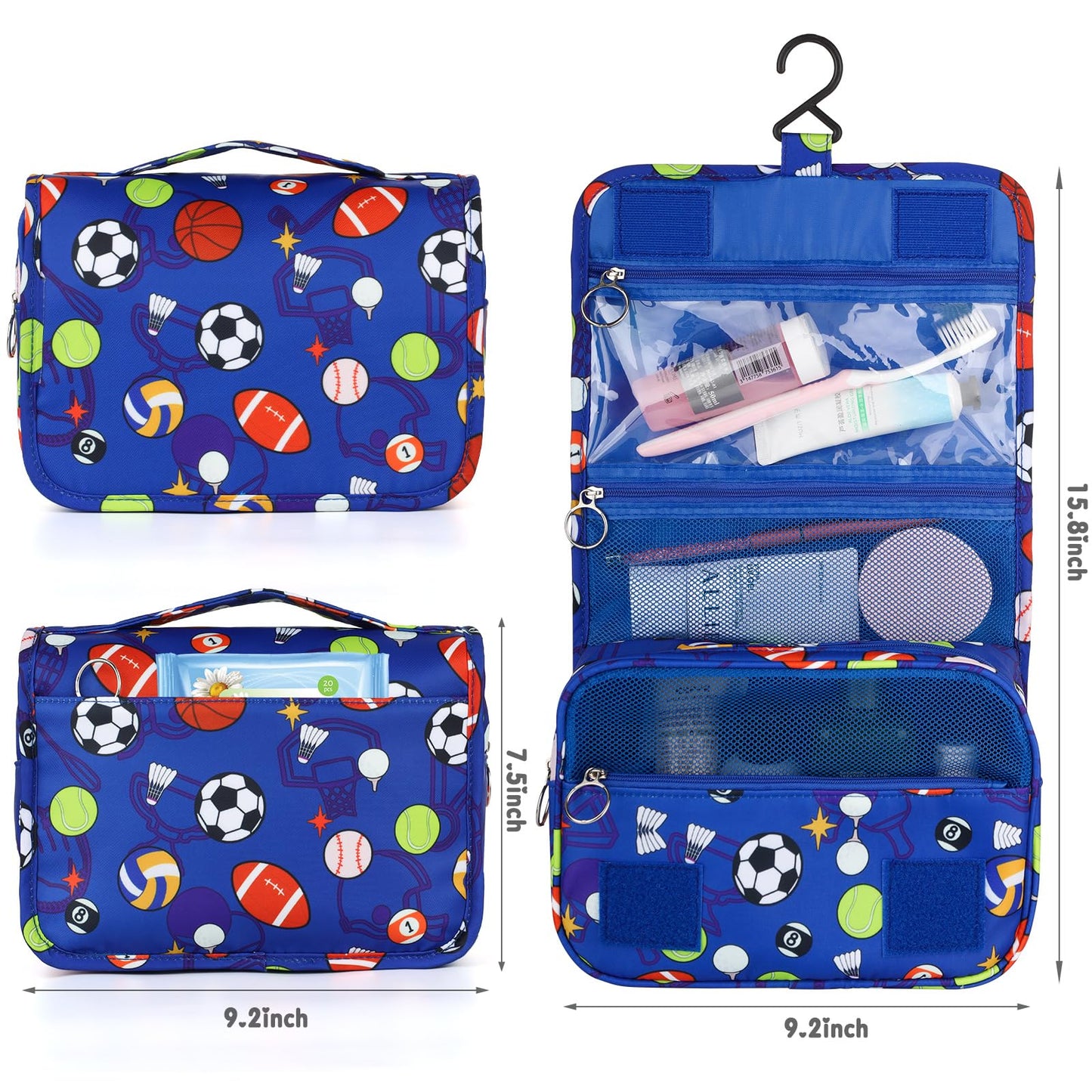Vipdeal Kids Hanging Toiletry Bag for Boys, Travel Toiletry Bag for Little Young Boys Waterproof Wash Bag Toddler Traveling Toiletries, Soccer Balls Blue