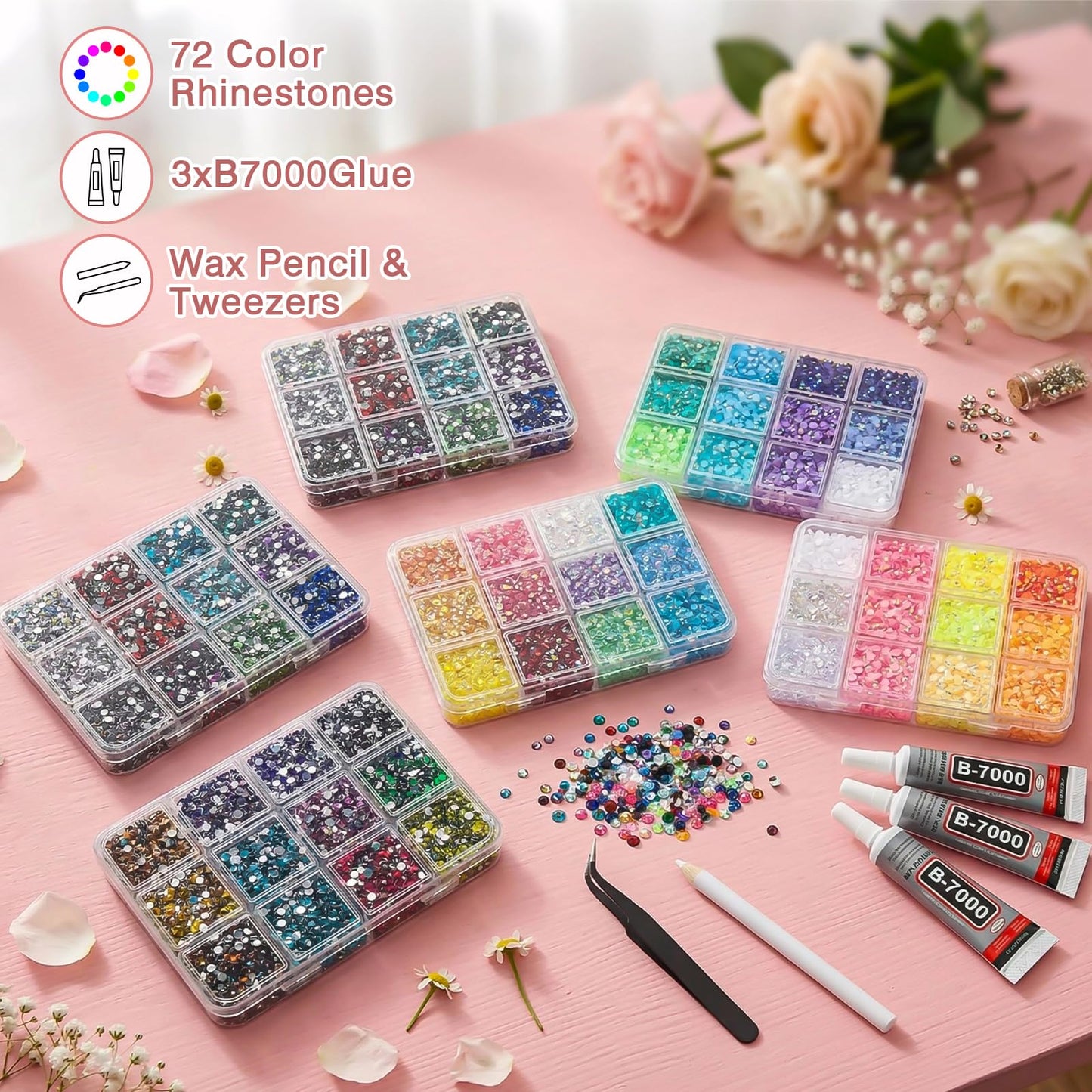 36000Pcs 72 Colors Resin Rhinestones Bedazzling Kit, Multicolor Flatback Gems, DIY Nail Art Clothing Tumblers Crafts for Bedazzling Diamond Art Makeup (72 Colors)