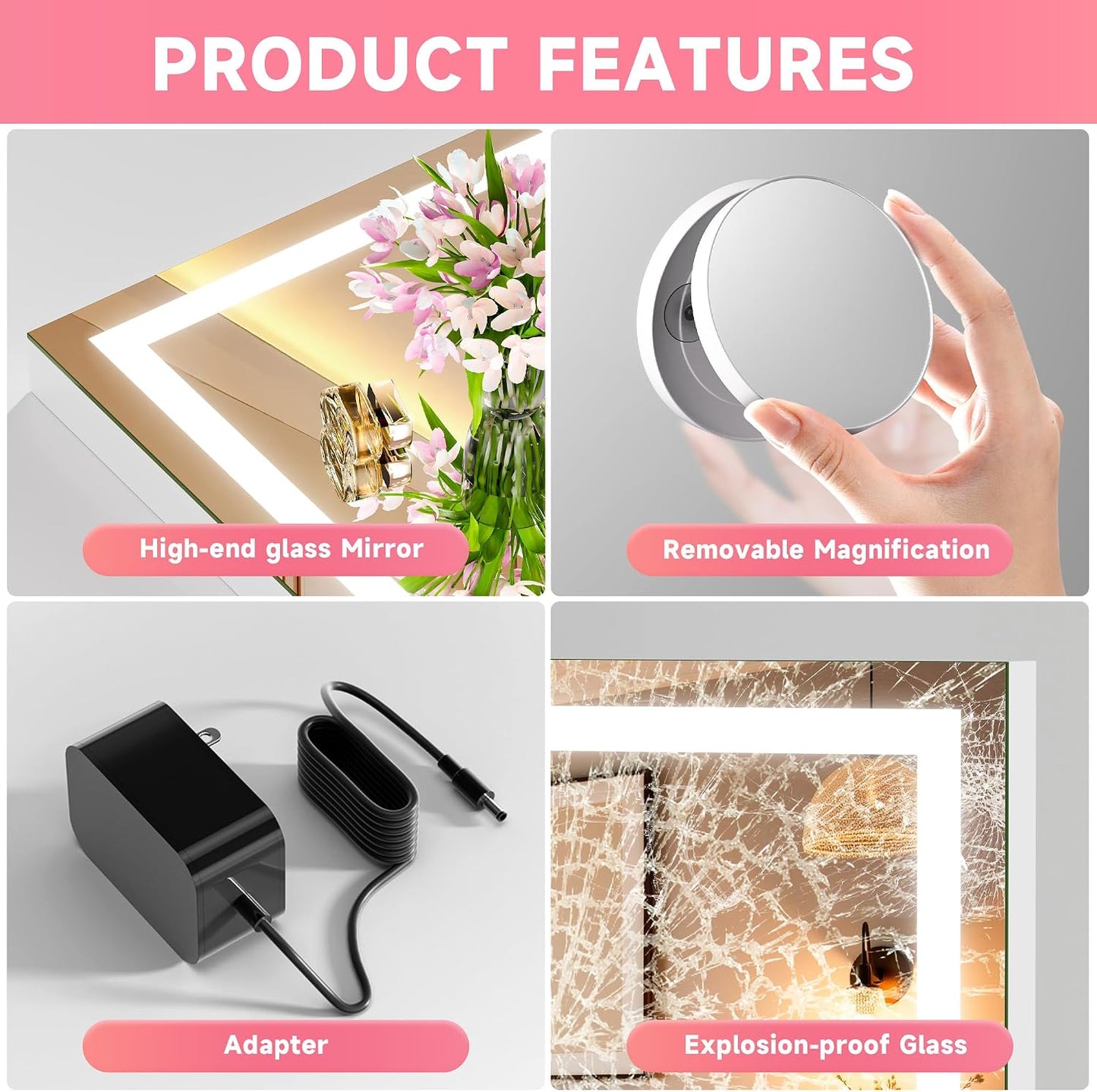 LED Makeup Mirror with Lights - 28" x 20" Dimmable Vanity Mirror | 10X Magnification, Smart Touch, USB Charging