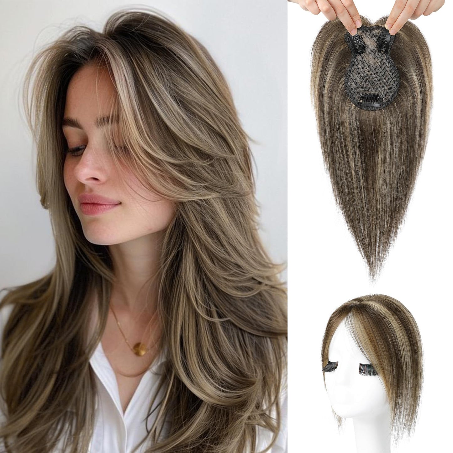 Flufymooz 100% Real Human Hair Toppers for Women, 10 Inch Clip in Human Hair Topper for Thinning Hair, 360°3D Cover Clip in Bangs Natural Hairpiece With 4.5'' x 3'' Silk Base