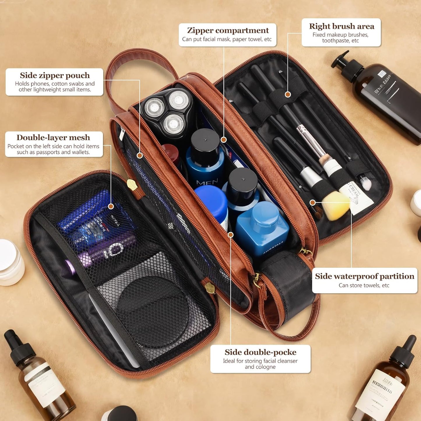 Personalized Toiletry Bag for Men - Engraved Waterproof PU Leather Shaving Bag | Ideal Father’s Day Gift, Brown - M