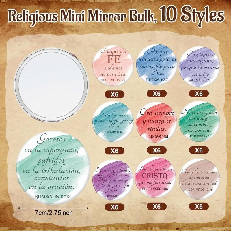 Spanish Christian Compact Mirrors - 60 Pcs Inspirational Bible Verse Pocket Mirrors | Mini Purse Makeup Gifts for Women