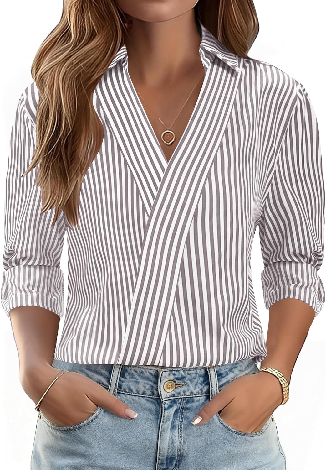 3/4 Length Sleeve Women's Dressy V-Neck Collared Tops - Trendy Business Casual Blouses for Work & Vacation