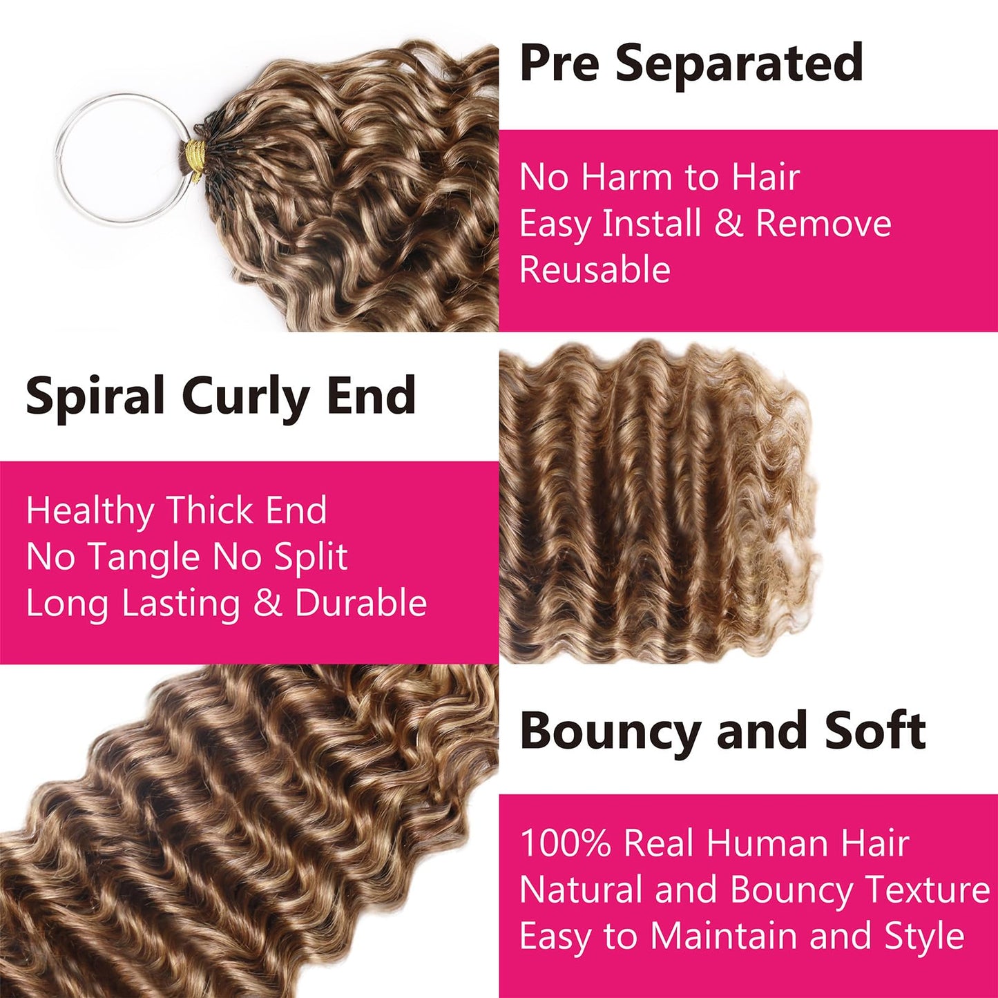 Highlight Pre-Separated Human Crochet Hair P4/27/30 Ombre Brown Blonde Deep Water Wave Curly Miracle Knots 16 Inch 60g Knotless Feather Invisible Crochet Extensions Bundles Braiding Hair for Women