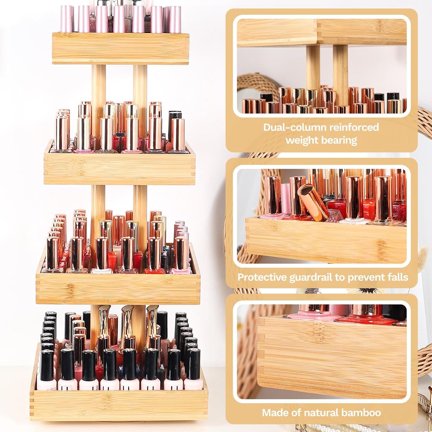 Nail Polish Display Stand - 360° Rotating Bamboo Rack Organizer | 4-Tier Makeup Holder for Easy Access - Brown