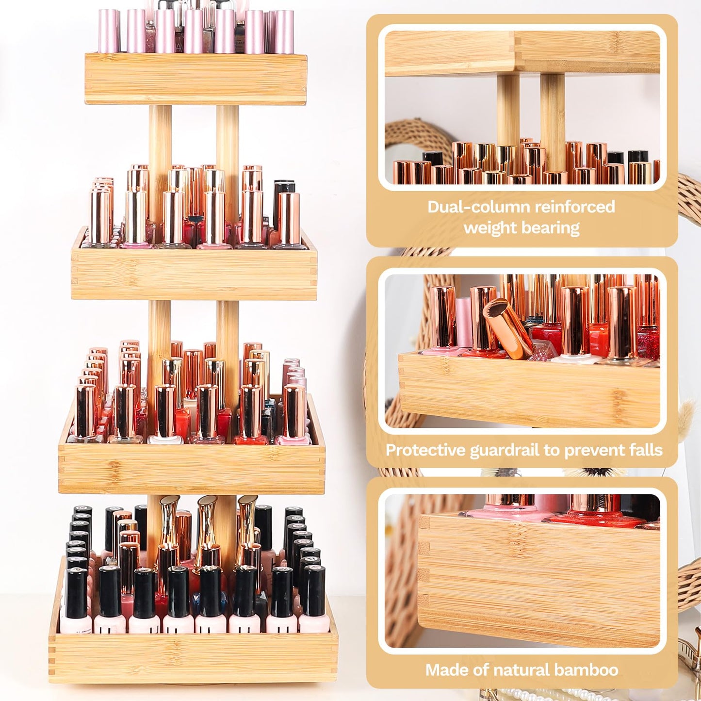 Homde Nail Polish Display Stand and Storage: 360 Degree Rotating Bamboo Rack Organizer, 4 Tier Makeup Holder for Fast Access on Countertop or Vanity for Girls & Women,Brown