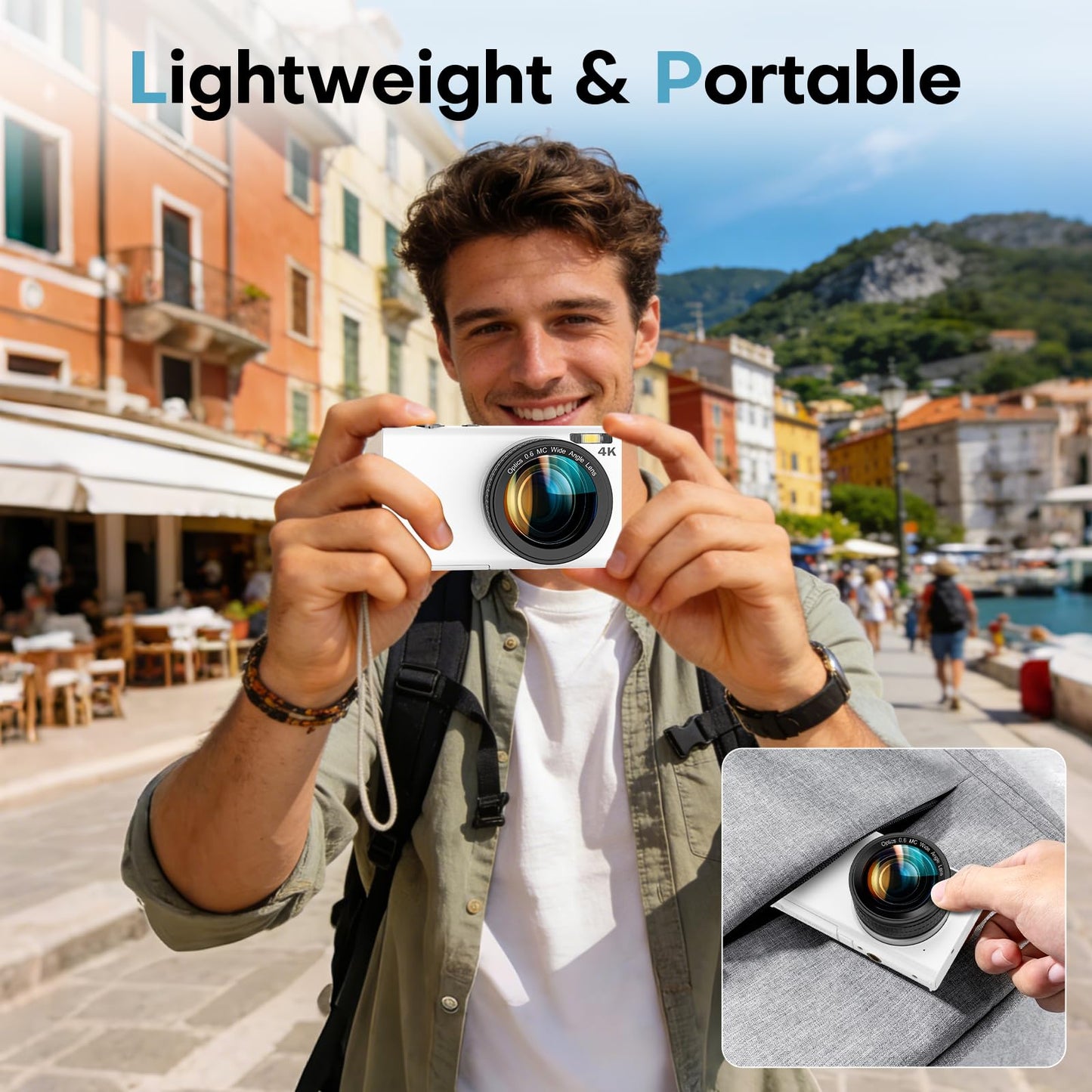 Digital Camera, 4K Digital Camera with Wide Angle Lens, 64MP Autofocus 16X Digital Zoom YouTube Compact Point Shoot Vlogging Camera for Teens/Beginners, 32GB Card, 2 Batteries(White)