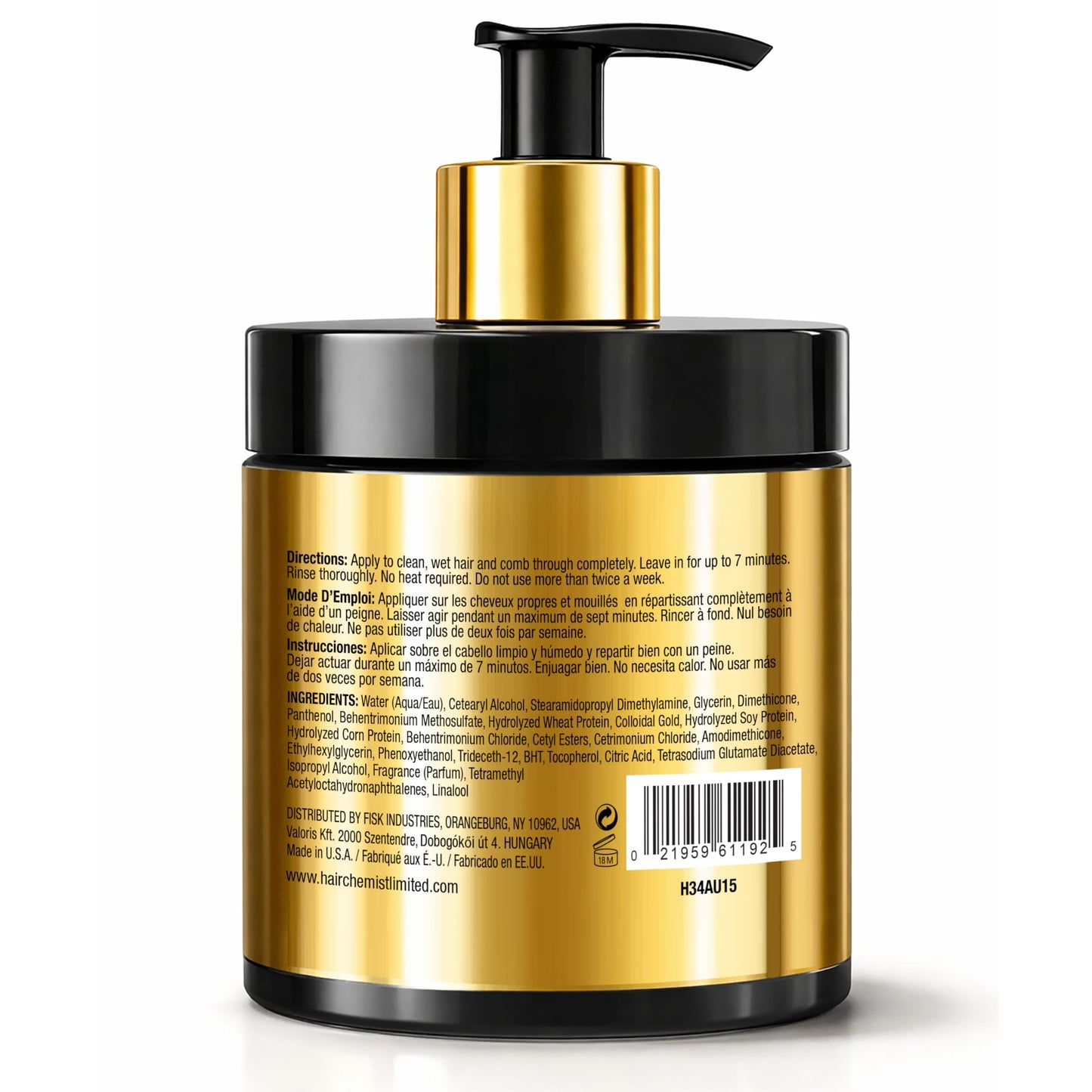 Hair Chemist 24k Gold Premium Hair Mask 15 oz. - Shine Enhancing, Frizz Reducting and Elasticity Improving Deep Treatment Hair Mask