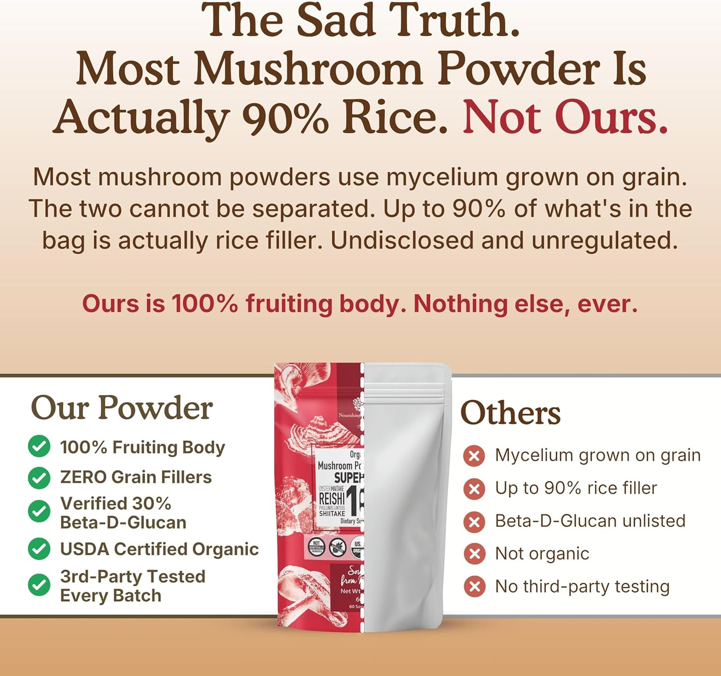 Organic Mushroom Supplement Powder - Focus & Immune Support | 100% Fruiting Body, Lions Mane, Reishi & More - 60 Servings