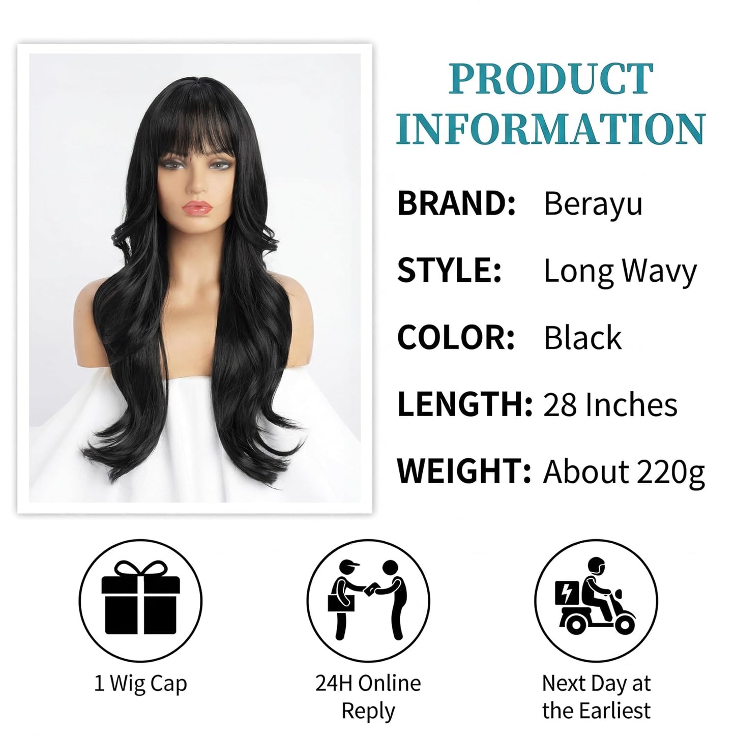 Long Black Wig with Bangs - Medium Length Wavy Layered Style | Heat Resistant Synthetic Hair (28 Inches)