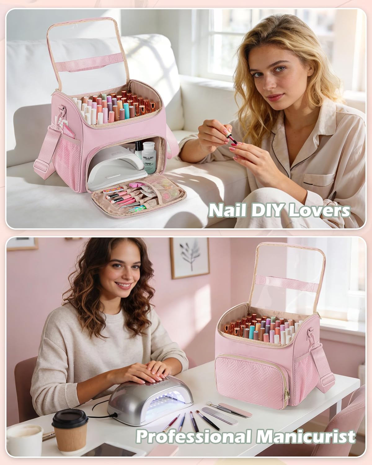 Nail Polish Organizer Bag - Holds 42 Bottles | Double Layer Storage Case for Gel Polish & Tools - Pink